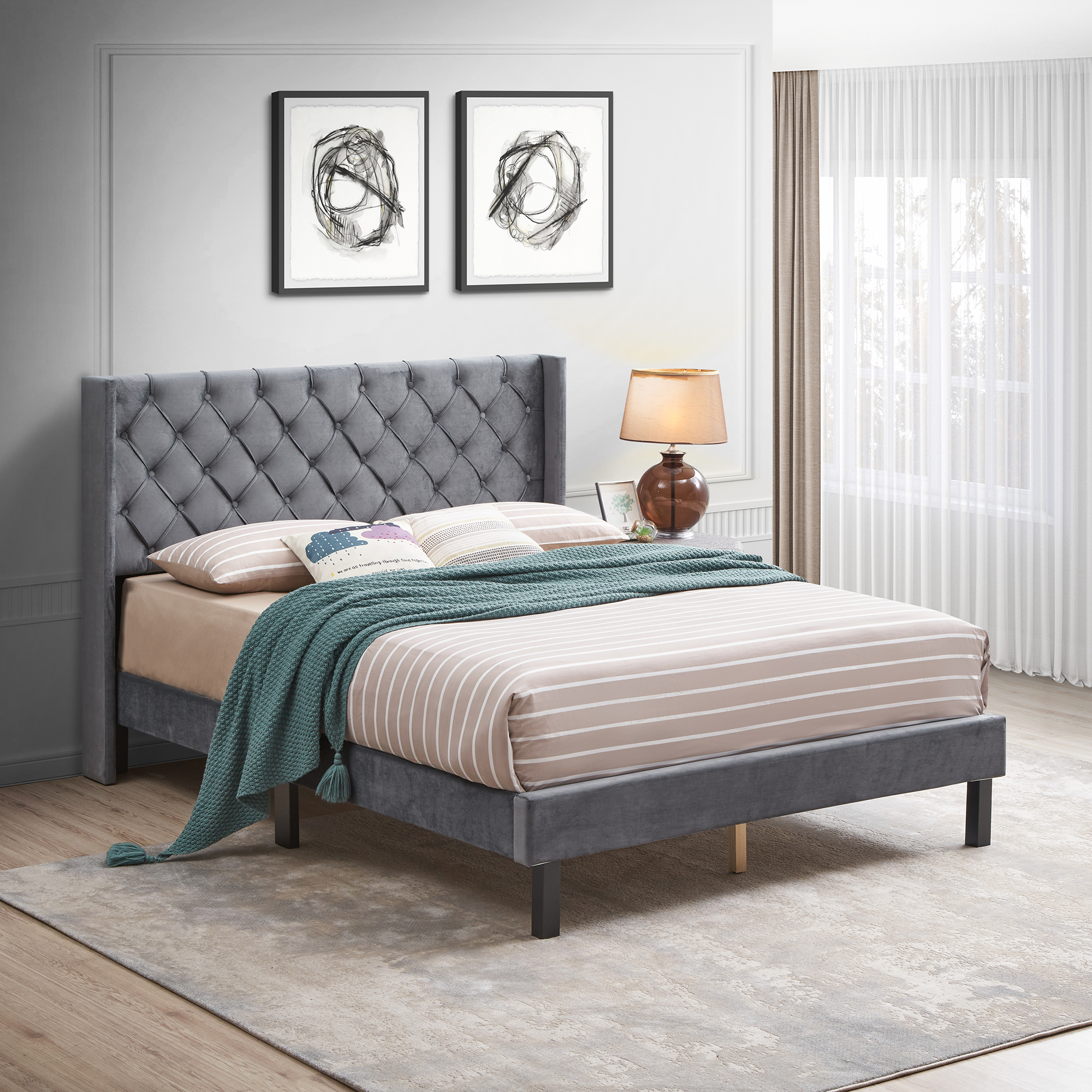 Velvet Button Tufted-Upholstered Bed with Wings Design - Strong Wood Slat Support&nbsp;- Easy Assembly - Gray, Queen, platform bed-CASAINC