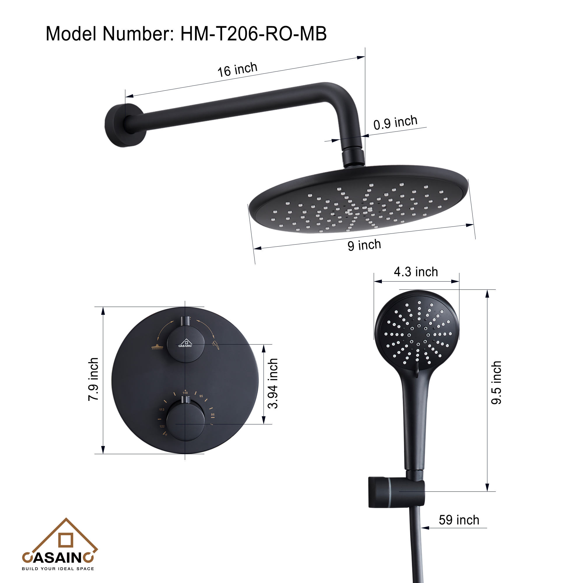 9inch Round Thermostatic rain shower faucet  (matte black)-CASAINC