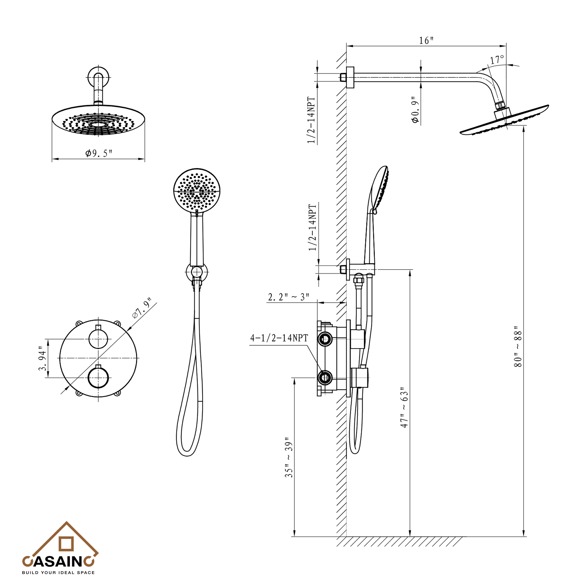 CASAINC 9inch Round Thermostatic rain shower faucet  (matte black)