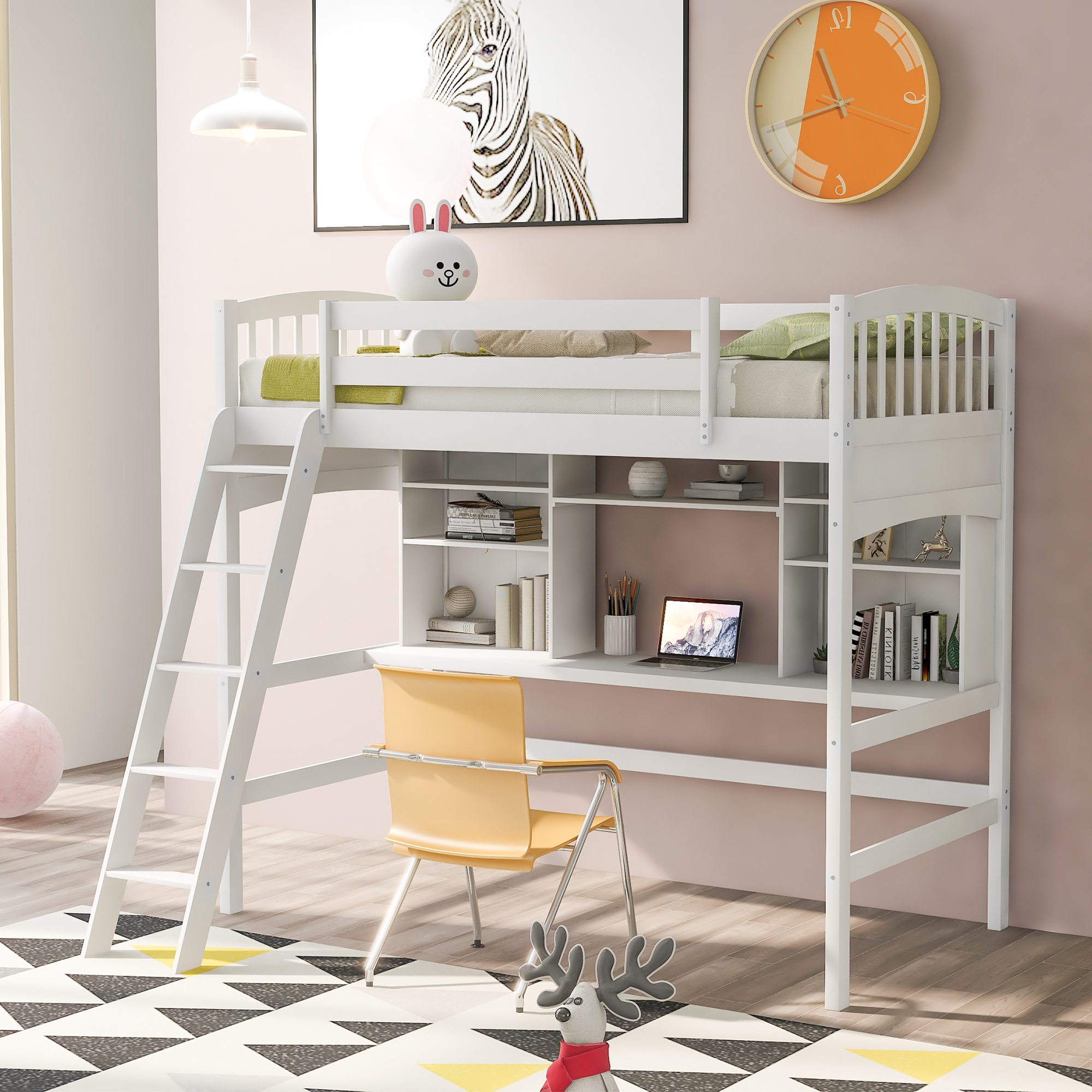 Twin size Loft Bed with Storage Shelves, Desk and Ladder, White(OLD SKU :LP000140KAA)-CASAINC