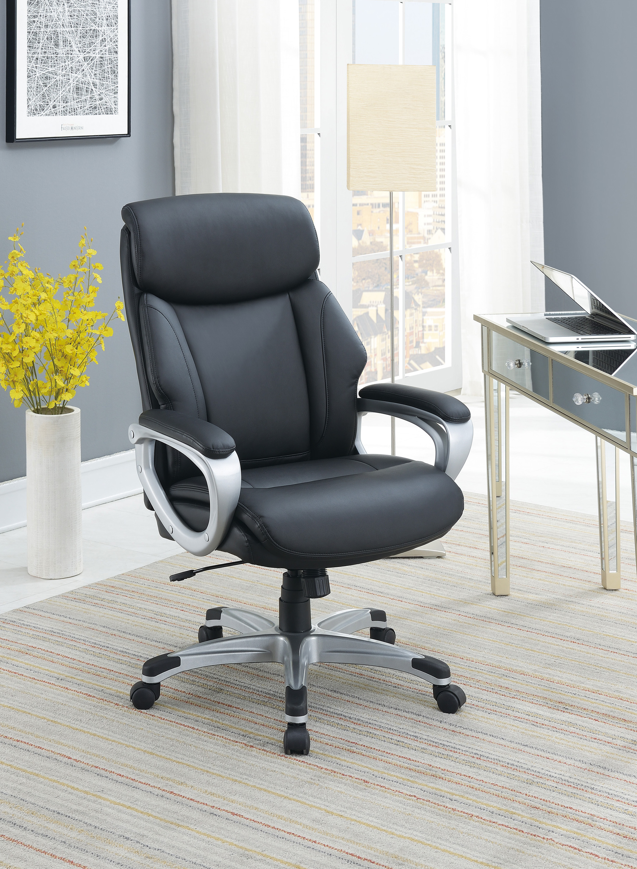 Adjustable Height Office Chair with Padded Armrests, Black-CASAINC