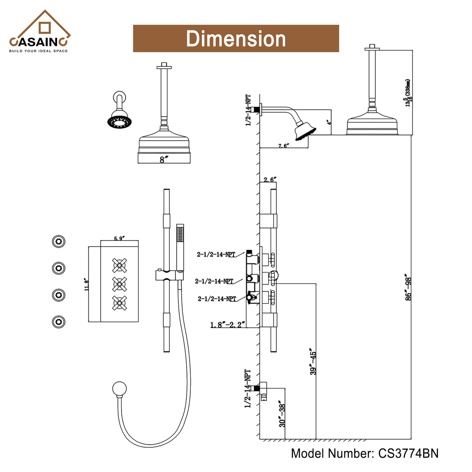 CASAINC 8" Multifunctional Shower System with Sliding Bar & Handheld Shower & 4 Body Sprays 