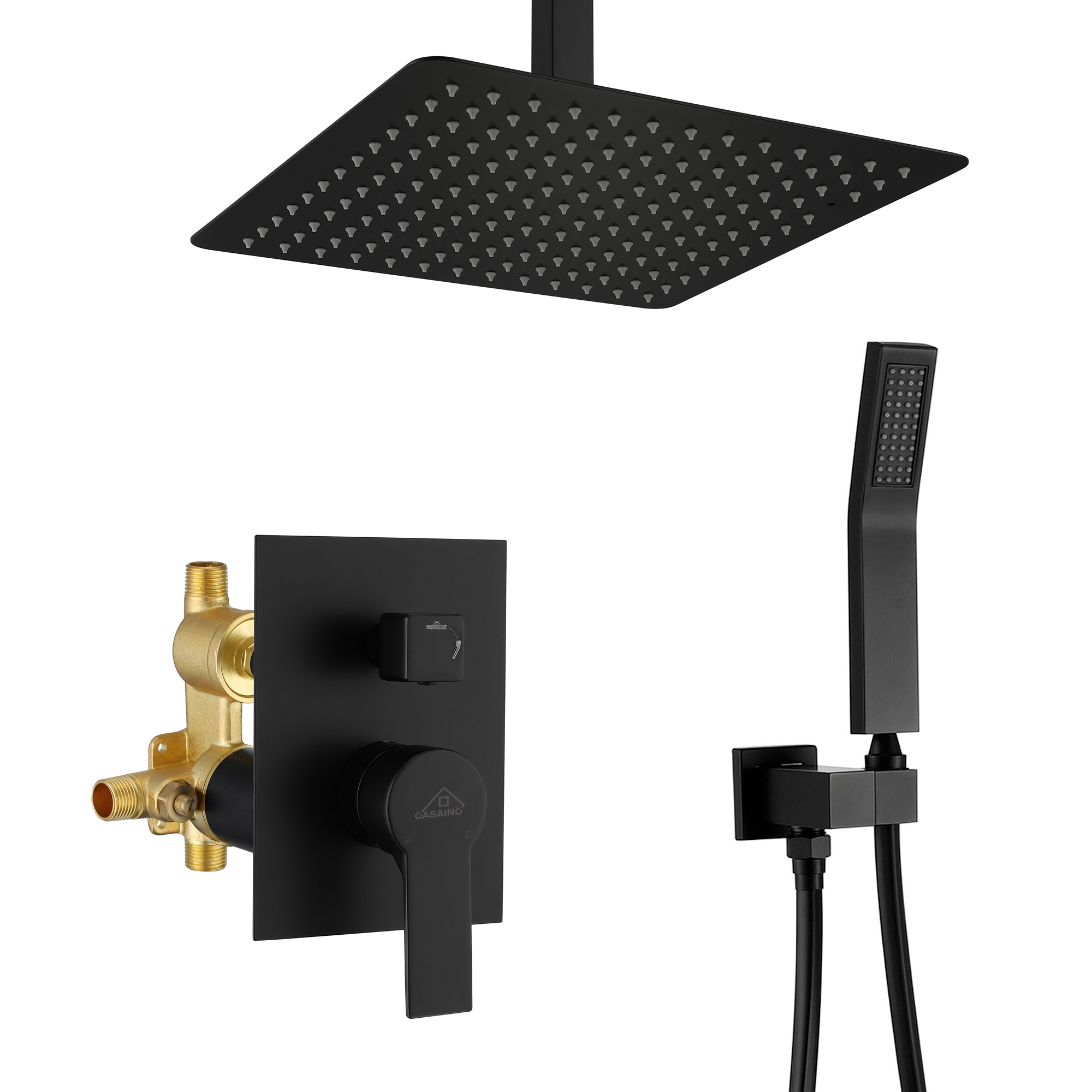 Casainc 2.38 GPM 12-in Ceiling Mounted Shower System with Rough-In Valve Body and Trim (Matte Black)-CASAINC