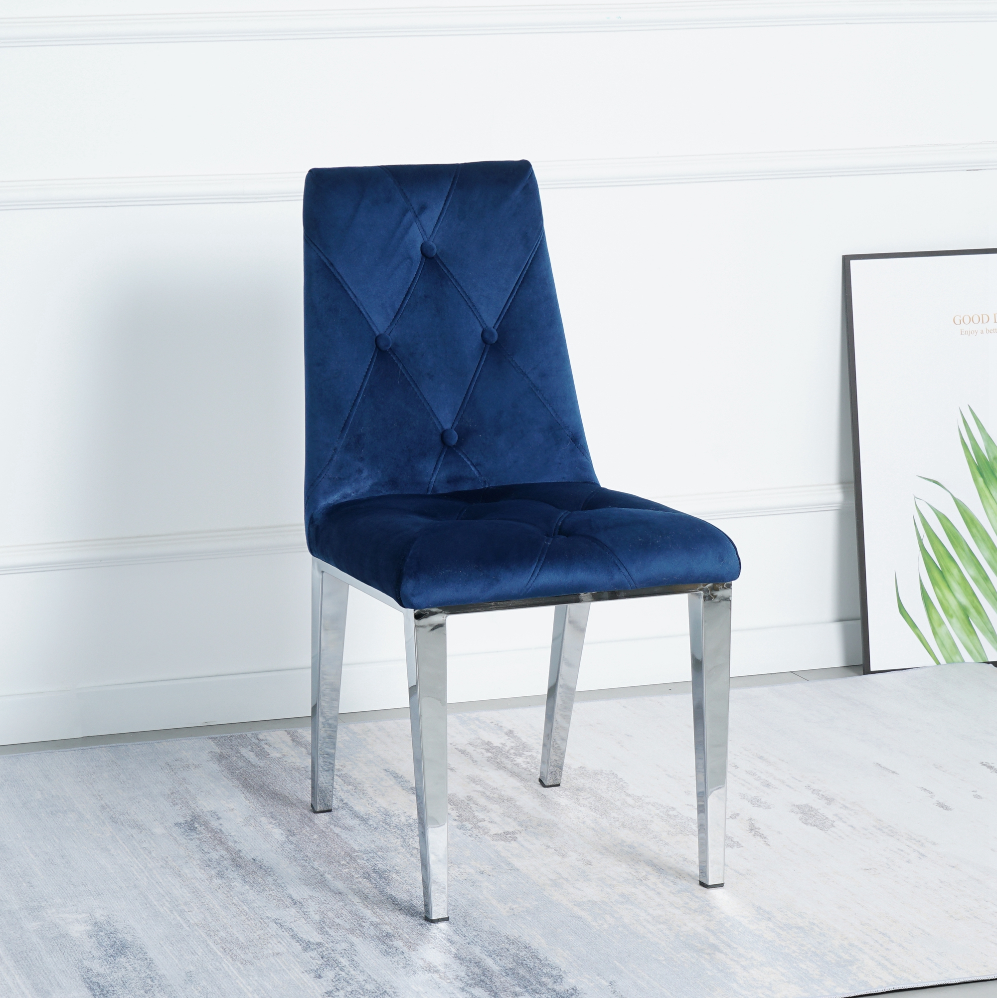 Modern luxury home furniture dinning room chairs chrome legs Blue velvet fabric dining chairs(Set of 2)-CASAINC