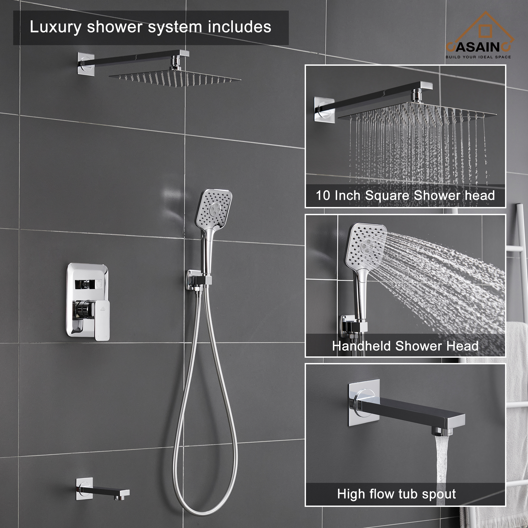 CASAINC 10 inch Square Wall-mounted rain shower faucet with pressure balanced valve