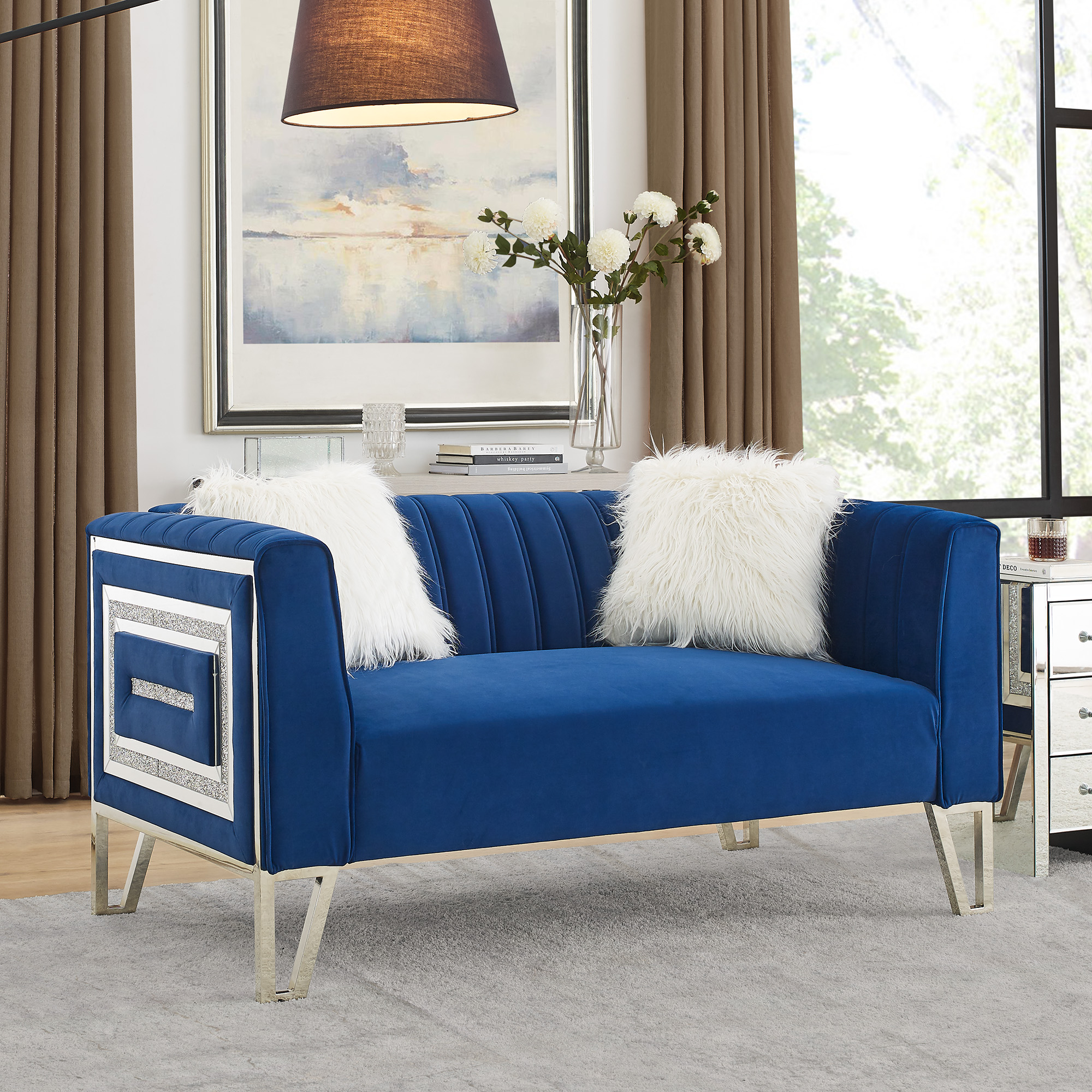 Loveseat Sofa with Mirrored Side Trim with Faux Diamonds and Stainless Steel Legs, Two White Villose Pillow, Blue (59.5&rdquo;Lx32.75&rdquo;Wx29.5&rdquo;H)-CASAINC
