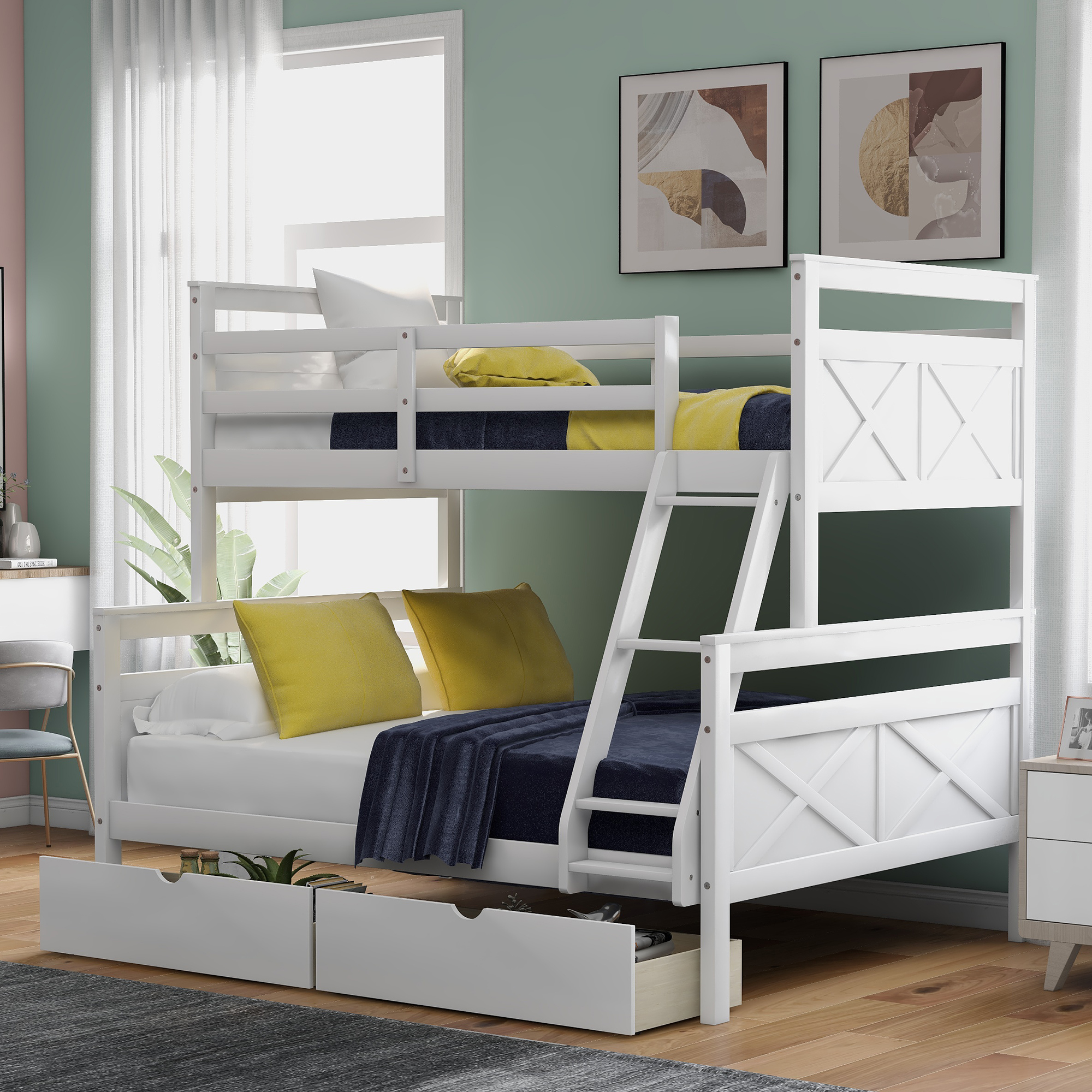 Twin over Full Bunk Bed with Ladder, Two Storage Drawers, Safety Guardrail, White-CASAINC