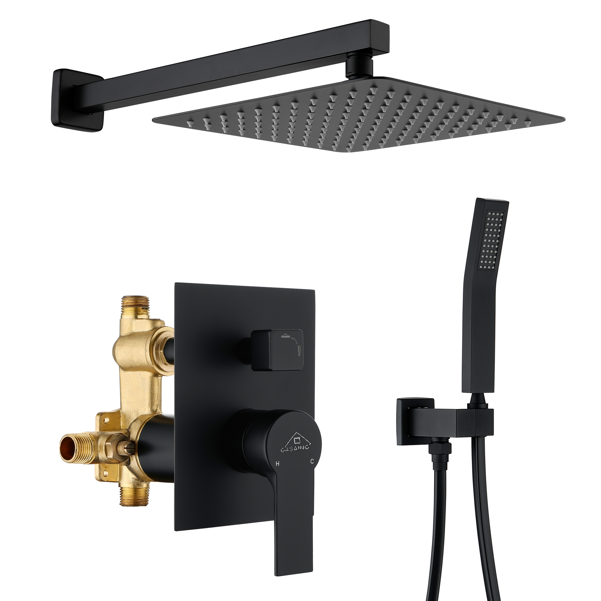 Casainc 2.66 GPM 10-in Wall Mounted Shower System with Rough-In Valve Body and Trim (Matte Black)-CASAINC