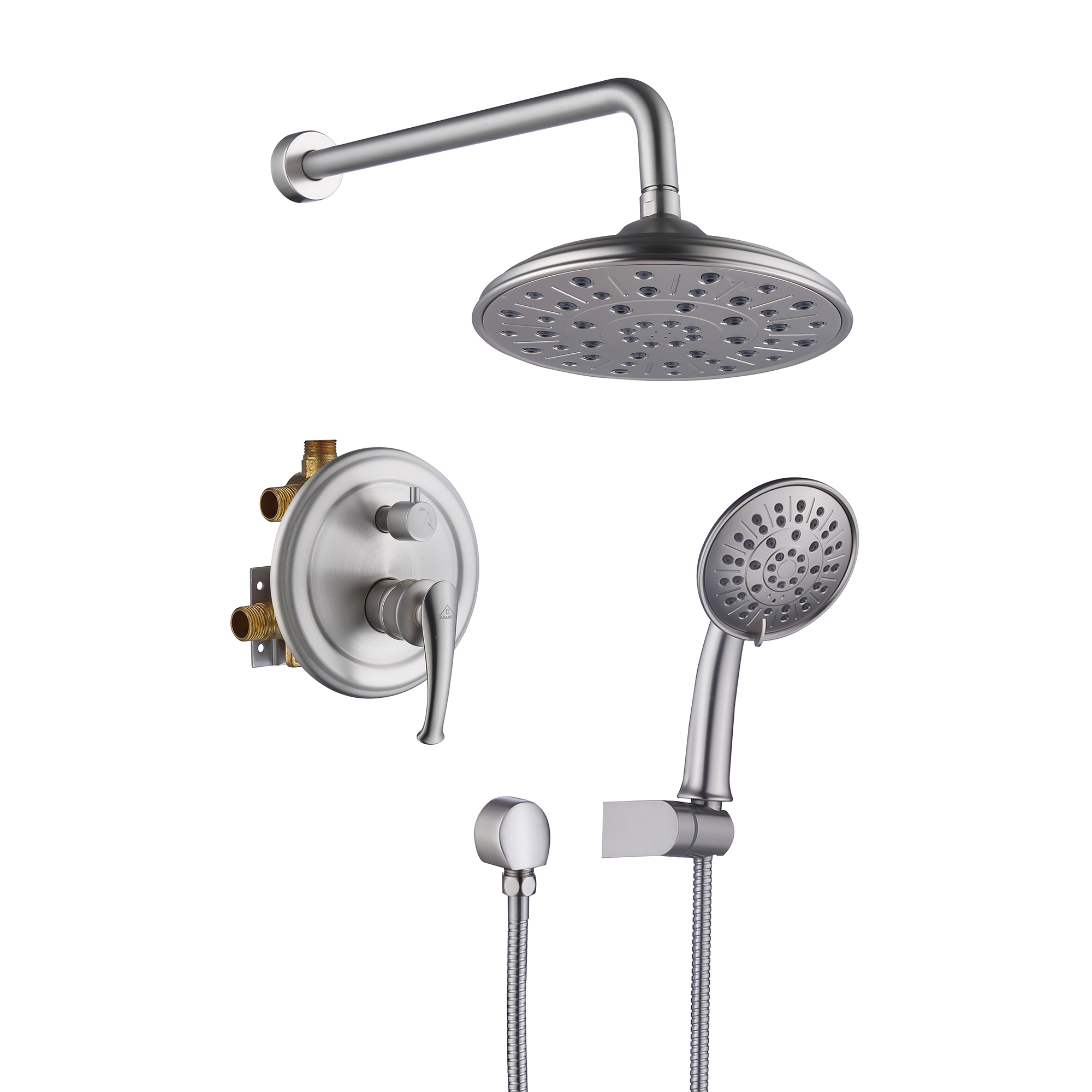 8.3inch Wall-mounted rain shower faucet with pressure balanced valve in brushed nickel providing a satisfying shower experience-CASAINC