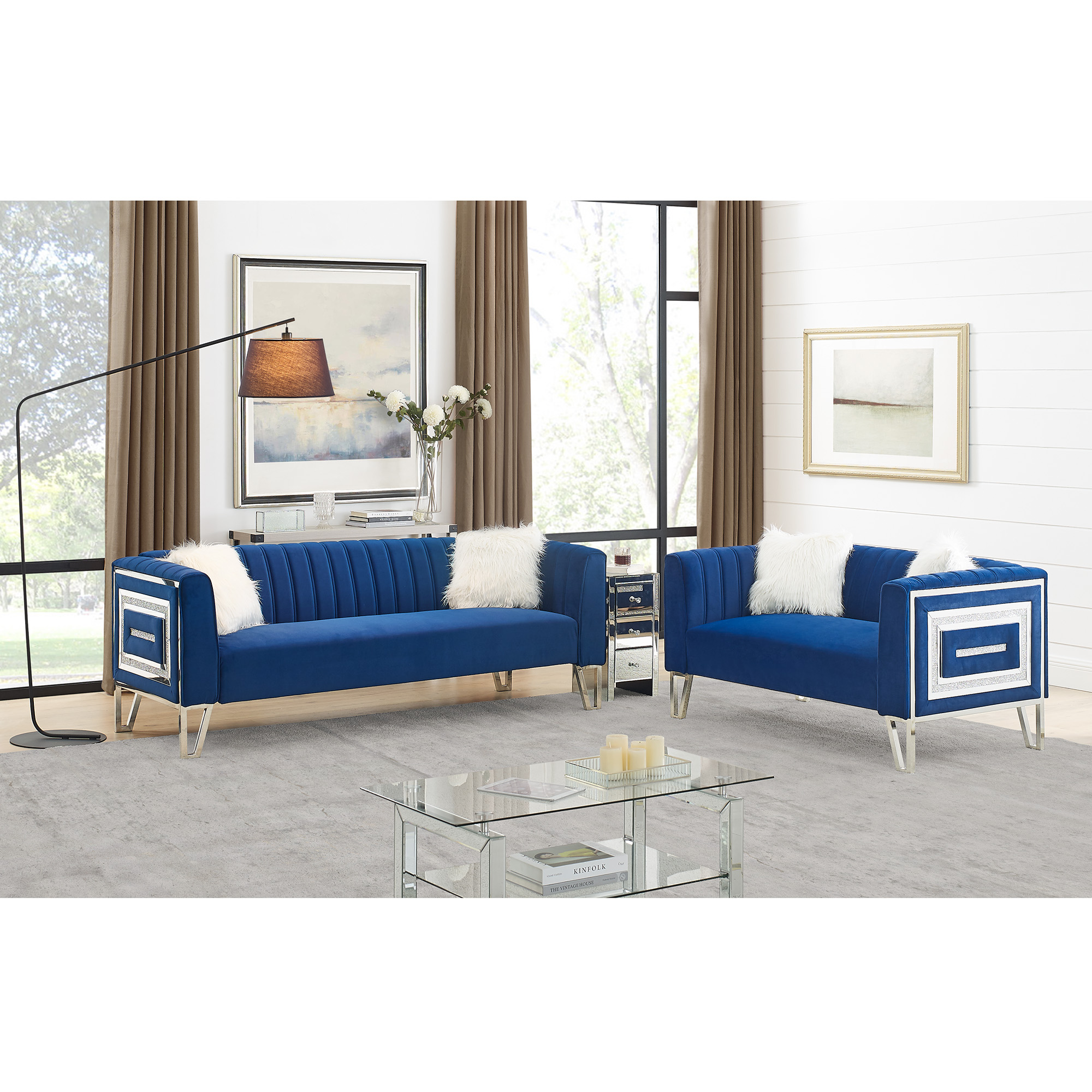 2 Piece Living Room Sofa Set, including 3-Seater Sofa and Loveseat, with Mirrored Side Trim with Faux Diamonds and Stainless Steel Legs, Four White Villose Pillow, Blue-CASAINC