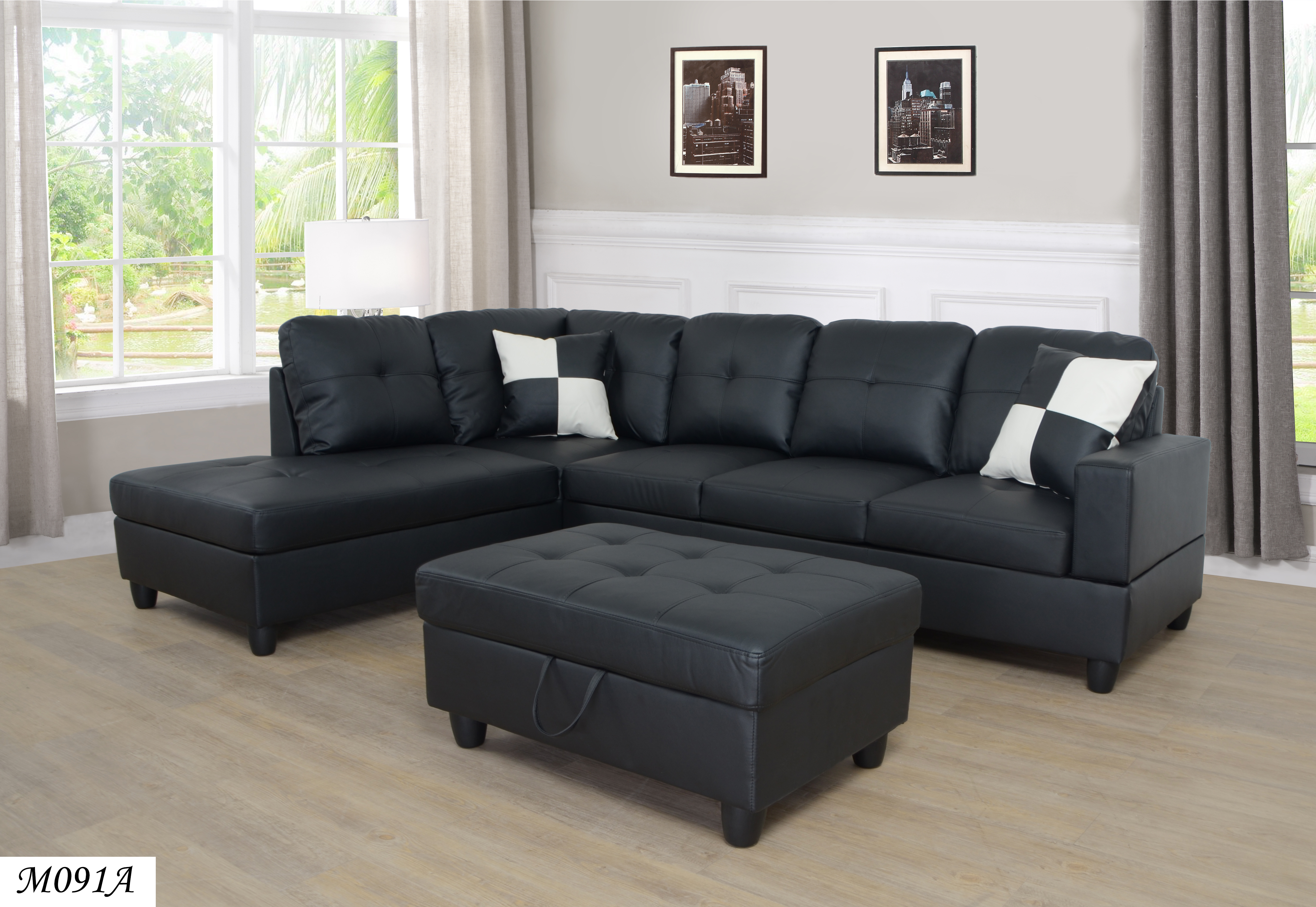 3 PC Sectional Sofa Set, (Black) Faux Leather Left -Facing Chaise with Free Storage Ottoman-CASAINC