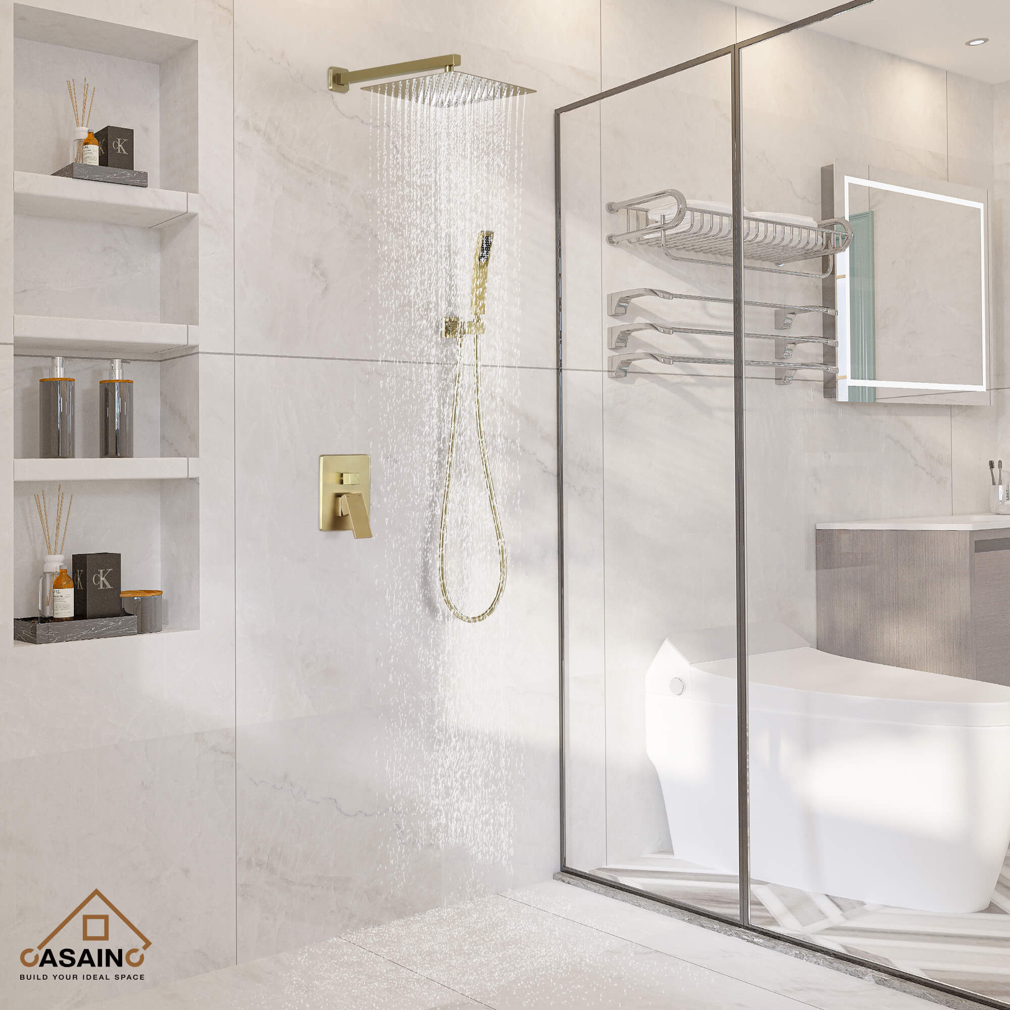 Casainc 2-Function Wall-Mounted/Ceiling-Mounted Shower System with Handheld Shower in Brushed Gold