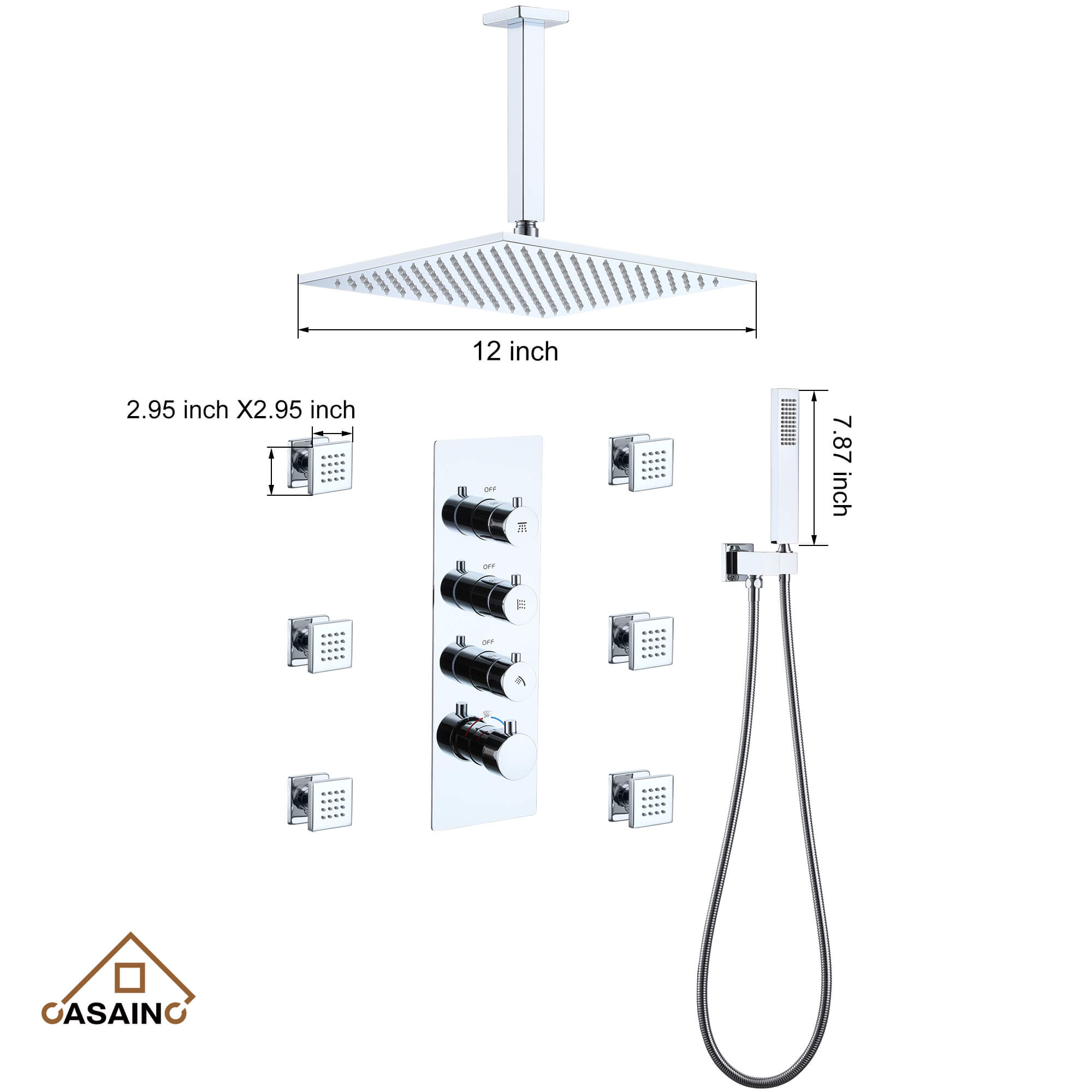 CASAINC Chrome 12 Inch 6-Spray Rainfall Built-In Shower System