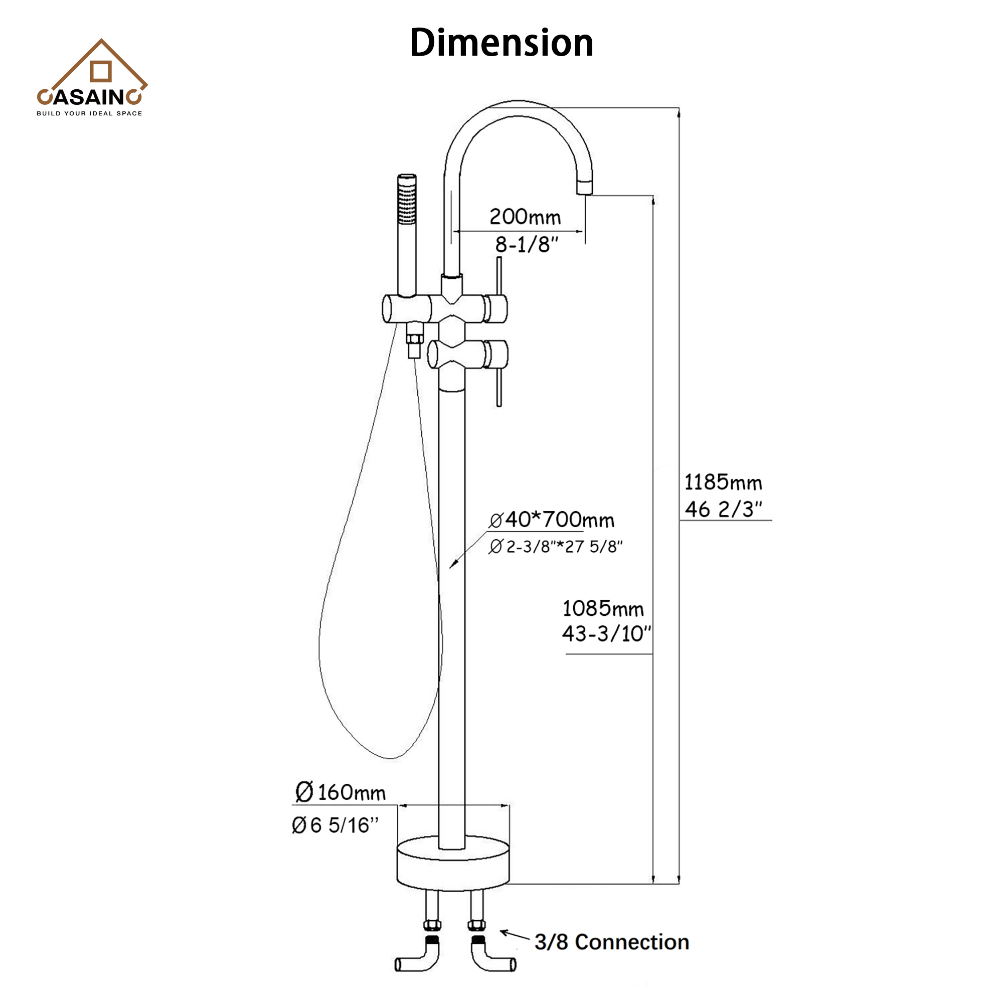 CASAINC Double-Handles Floor-Mount Freestanding Tub Filler with Handshower