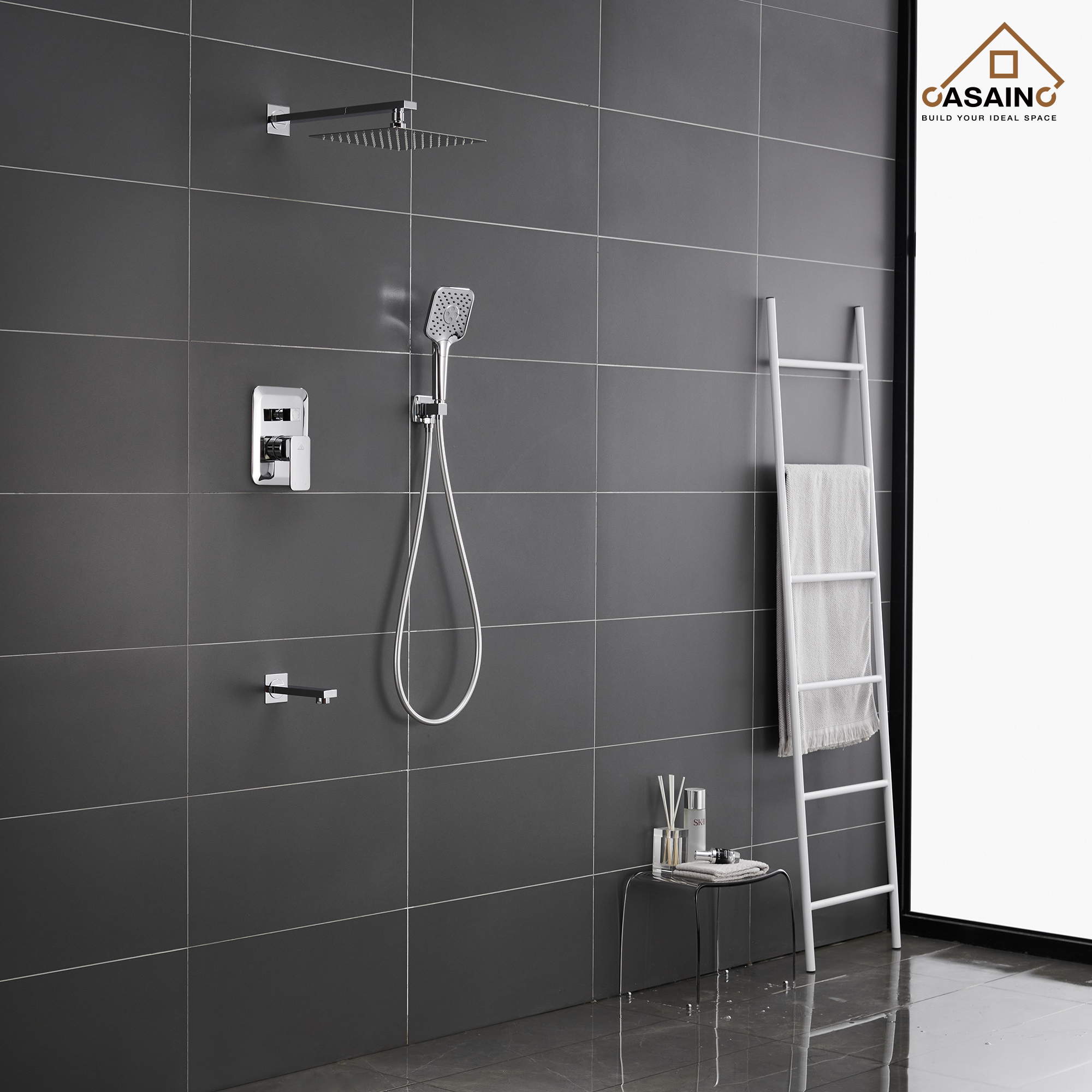 CASAINC 10 inch Square Wall-mounted rain shower faucet with pressure balanced valve