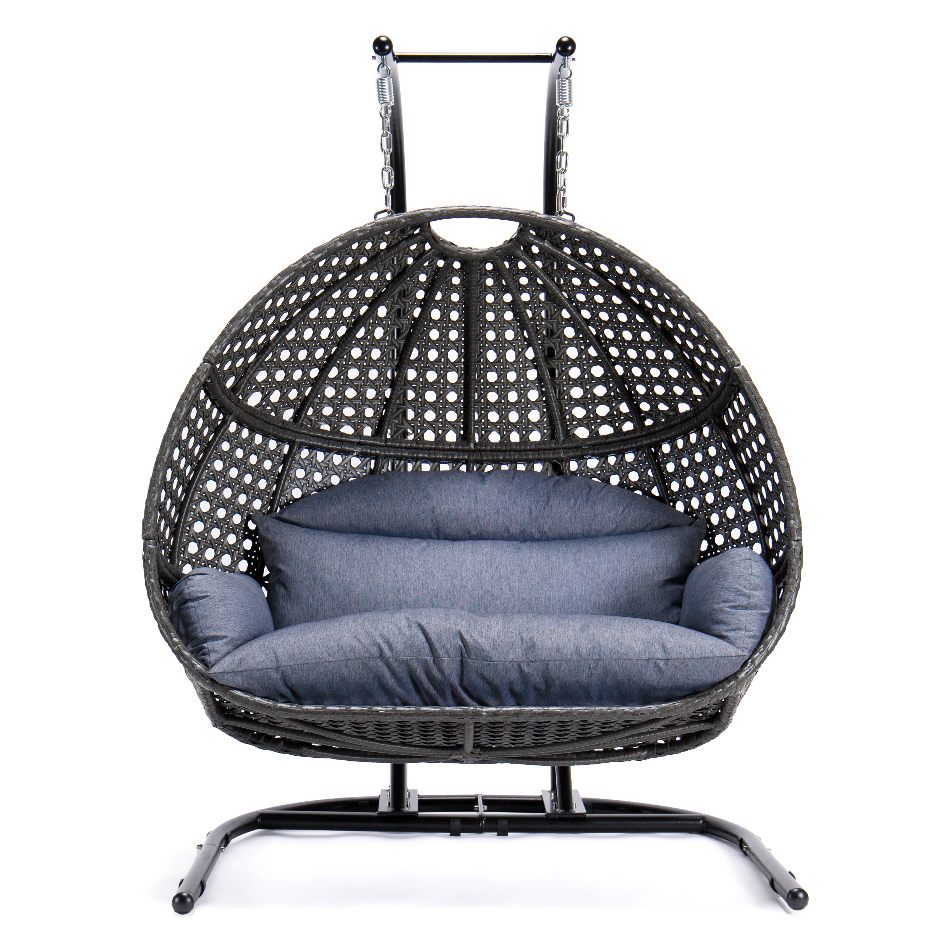 Charcoal Wicker Hanging Double-Seat Swing Chair with Stand w/Dust Blue Cushion-CASAINC