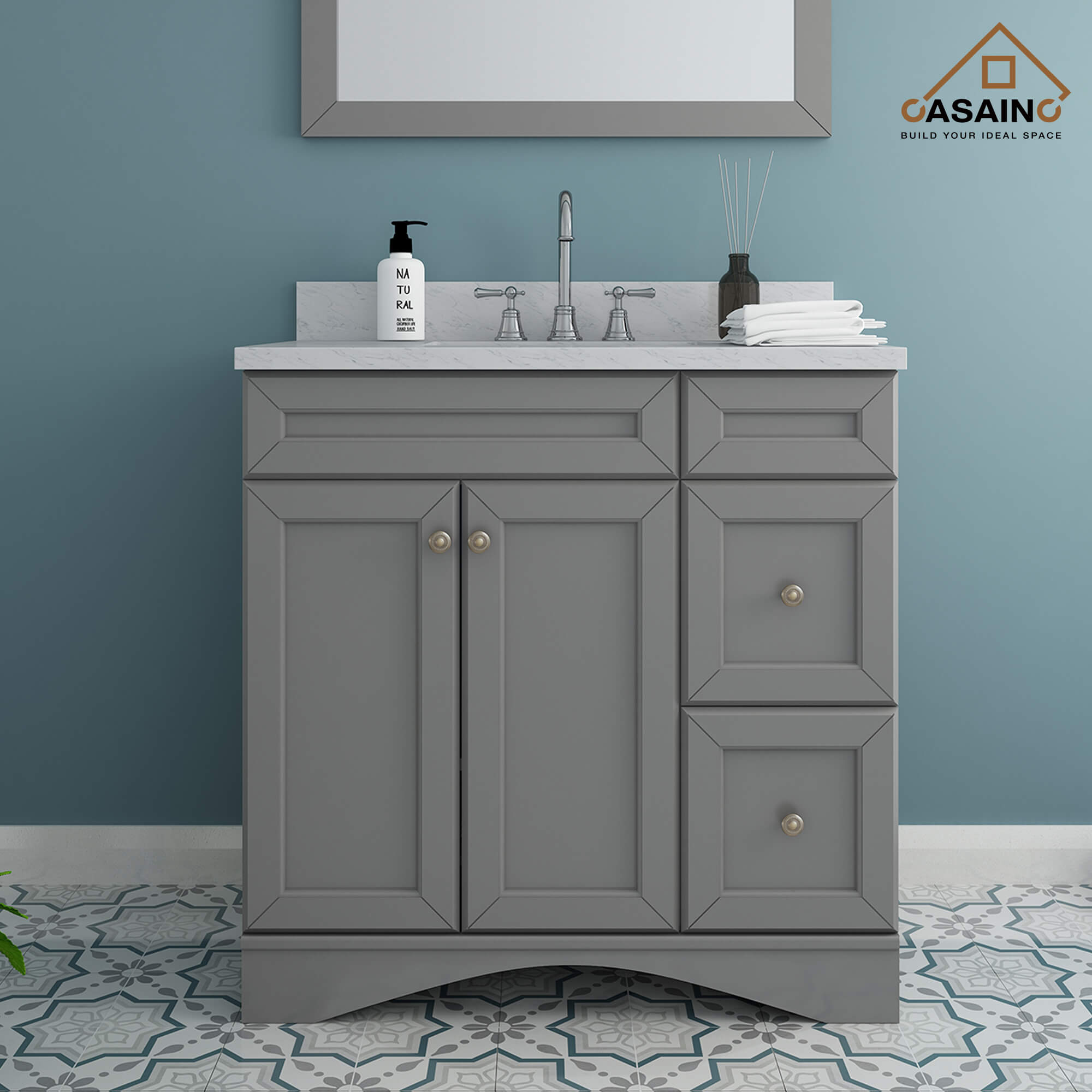 CASAINC 36 x 22 x 35.4 in. Solid Wood Bath Vanity with Marble Top and Backsplash in Gray/White (No/With Mirror)