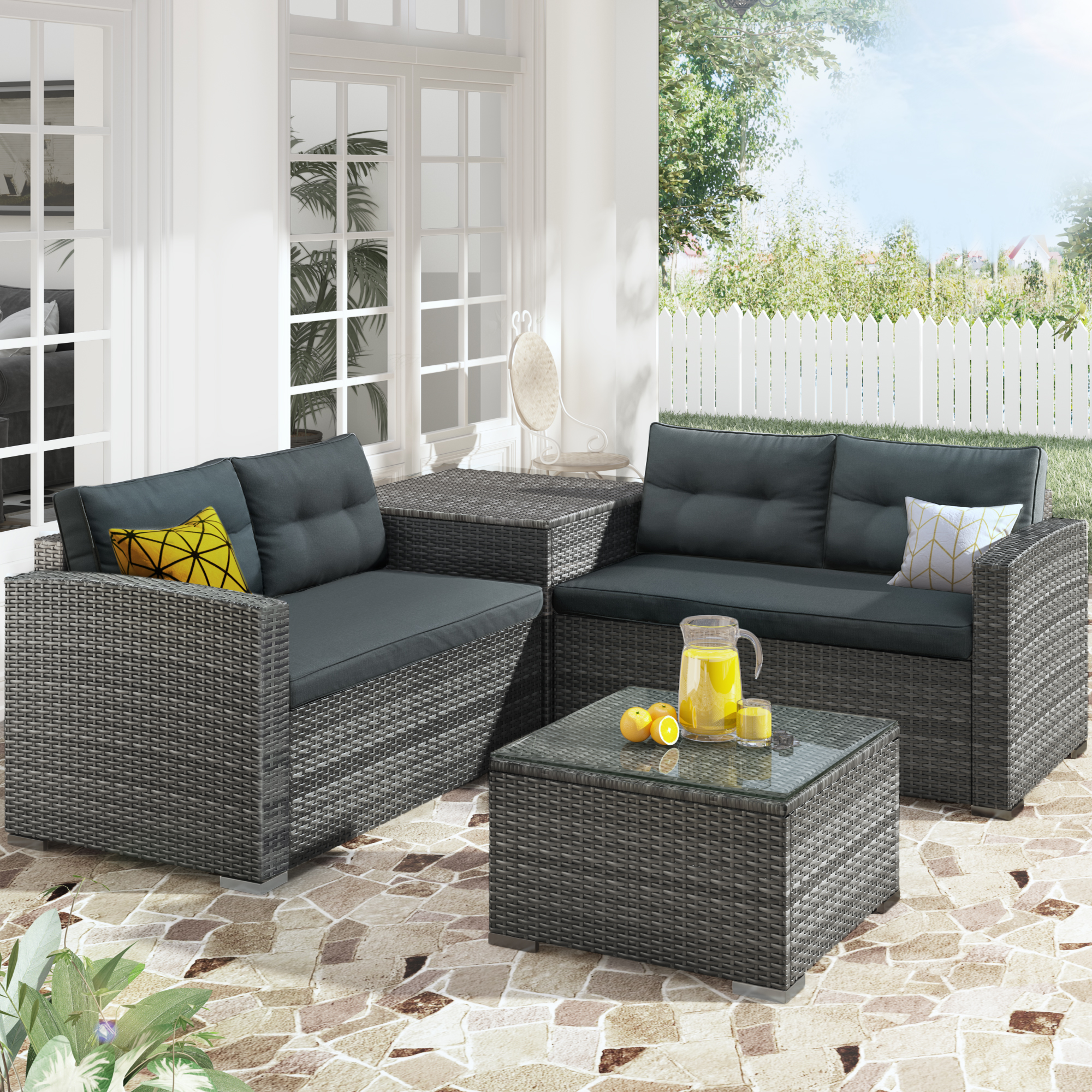 U_STYLE Outdoor Furniture Sofa Set with Large Storage Box-CASAINC