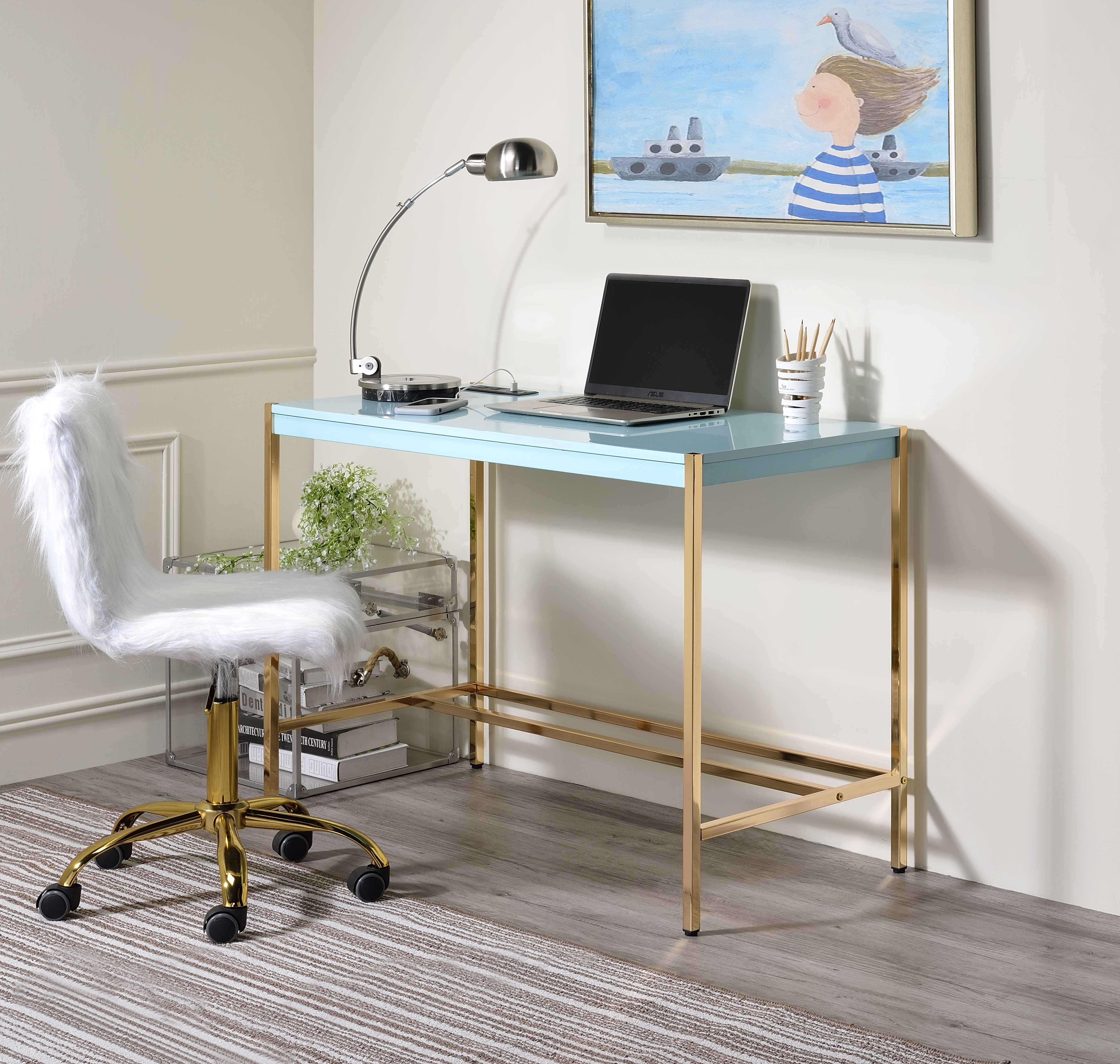 ACME Midriaks Writing Desk w/USB Port in Baby Blue  Gold Finish-CASAINC