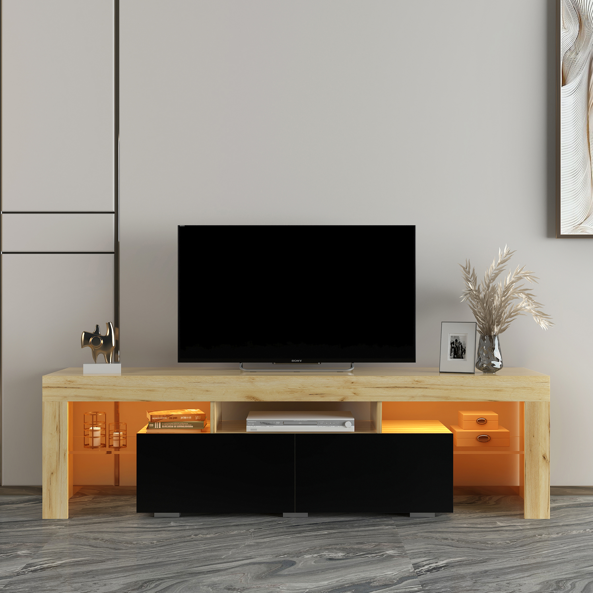 Living Room Simple Design TV Stand Cabinet,Oak,Black-CASAINC