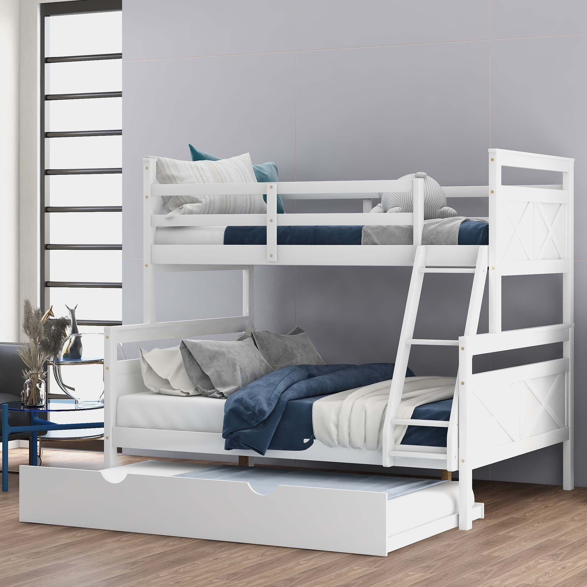 Twin over Full Bunk Bed with Ladder, Twin Size Trundle, Safety Guardrail, White-CASAINC