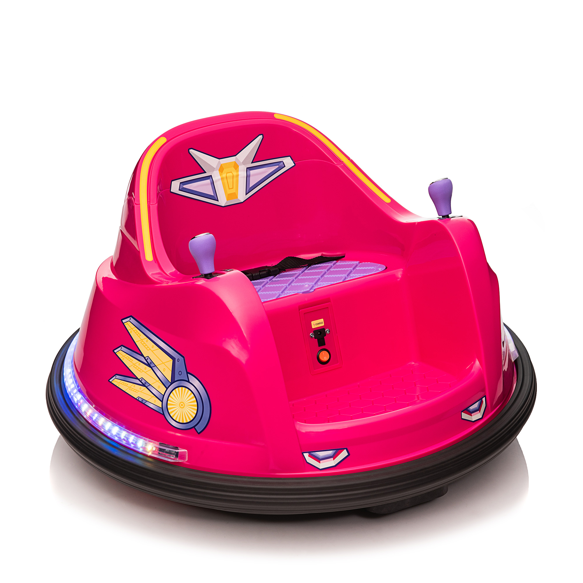 6V Kids Bumper Car, Toddler Ride On Toy, Roller Caster Vehicle with Light Strip, ASTM-Certified for 3 to 8 Years Old - Rosy Red + Purple-CASAINC
