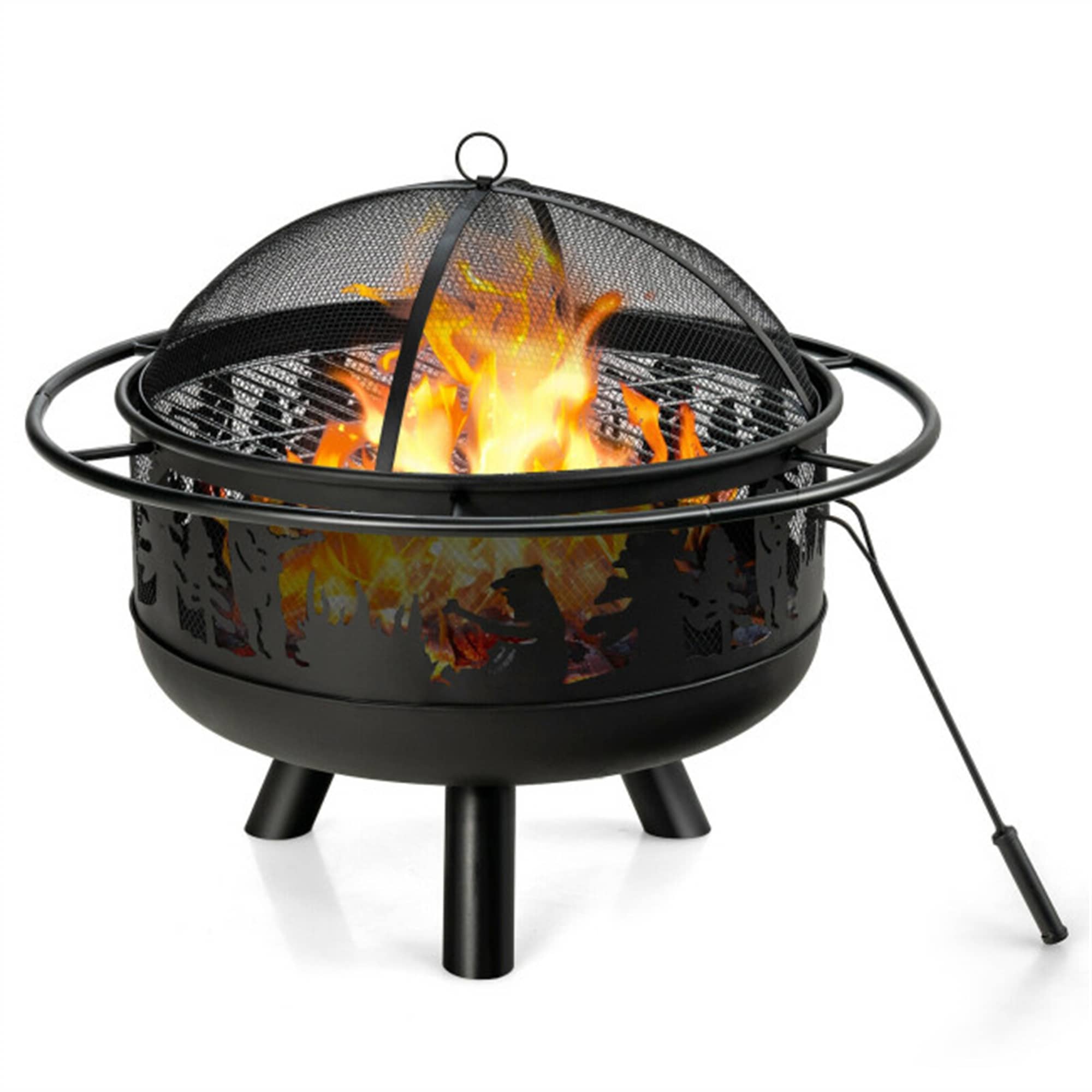 CASAINC 30 Inch Patio Round Fire Pit with Fire Poker Cooking Grill