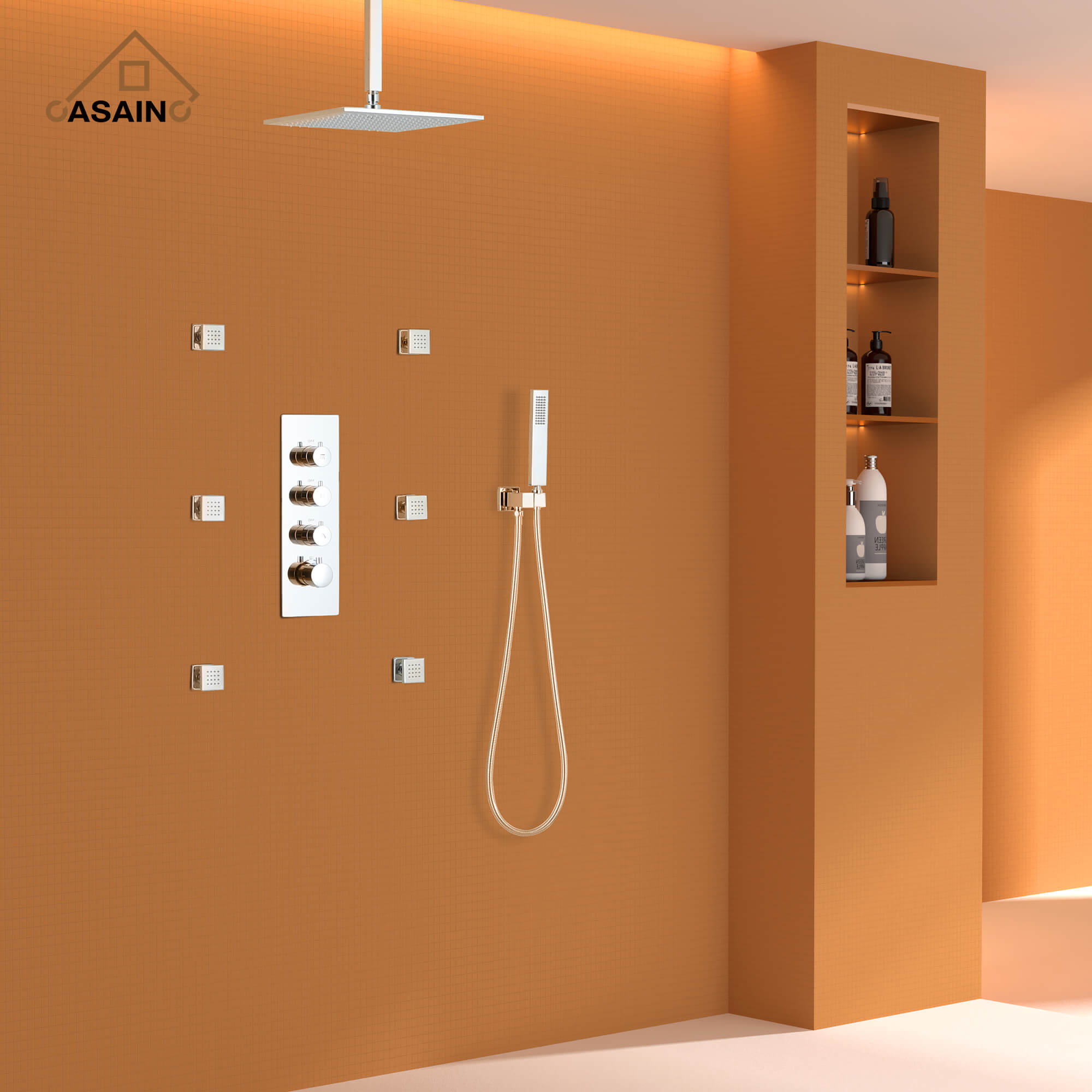 CASAINC Chrome 12 Inch 6-Spray Rainfall Built-In Shower System