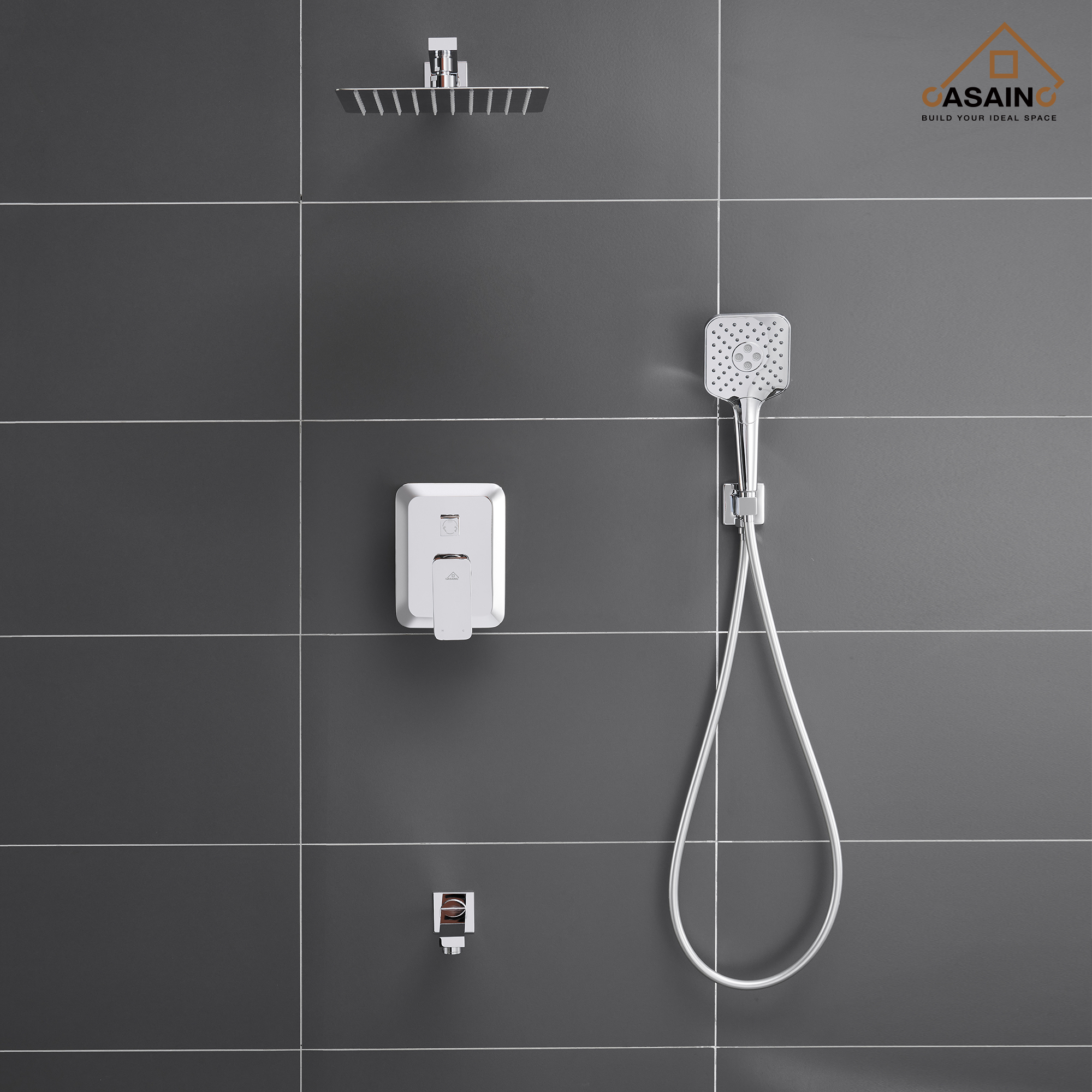 CASAINC 10 inch Square Wall-mounted rain shower faucet with pressure balanced valve