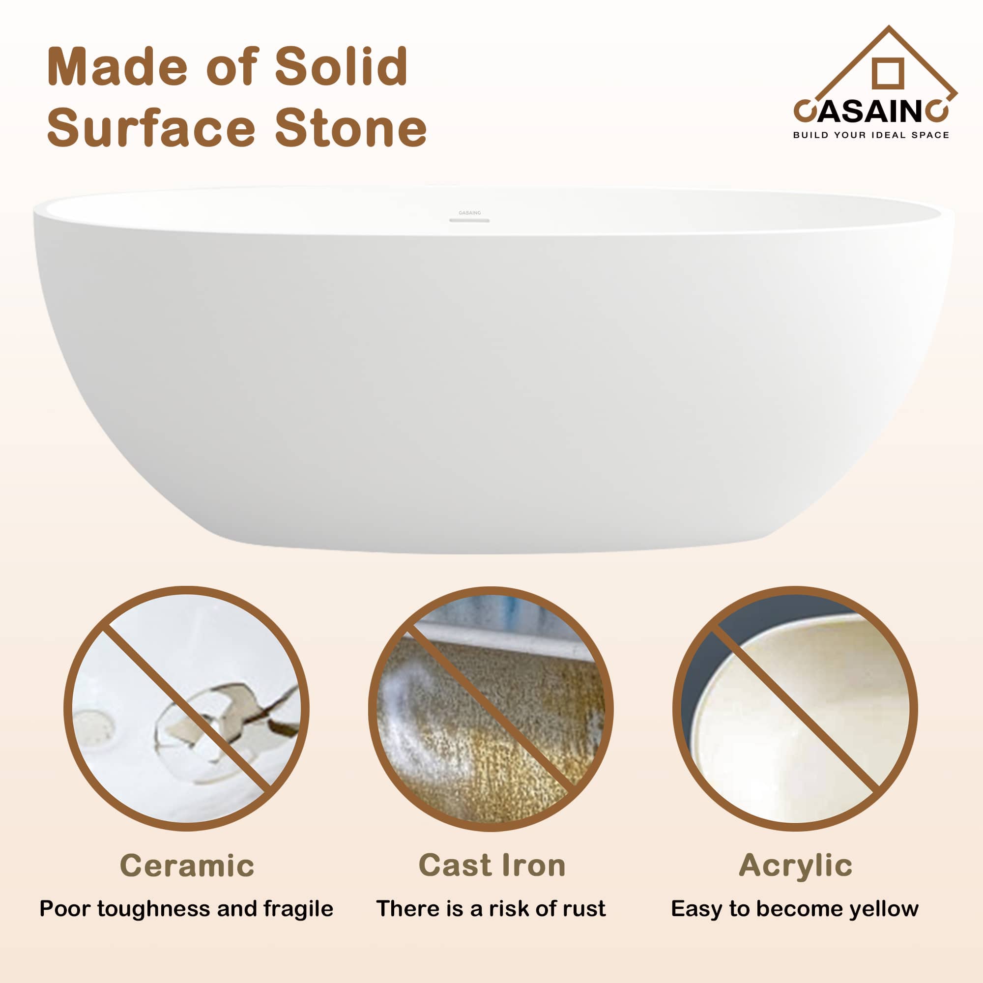 CASAINC 61 in. Solid Surface Free-Standing Bathtub with Centre Drain in Matte White