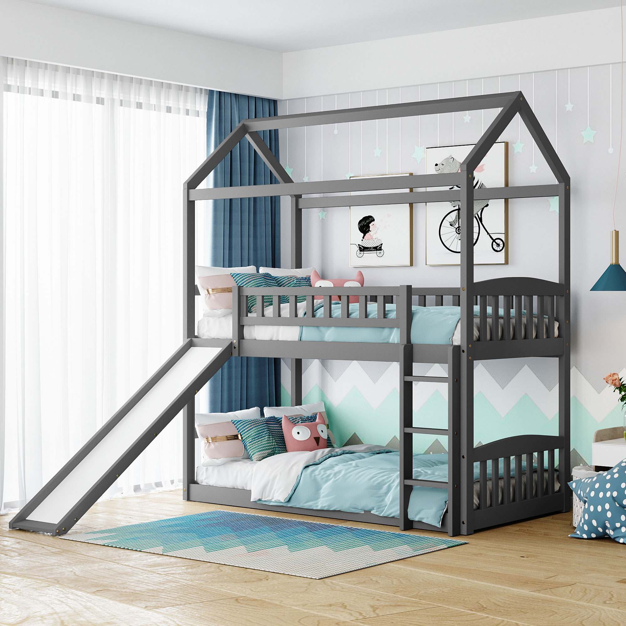 Twin Over Twin Bunk Bed with Slide, House Bed with Slide, Gray(OLD SKU: LP000213AAE)-CASAINC