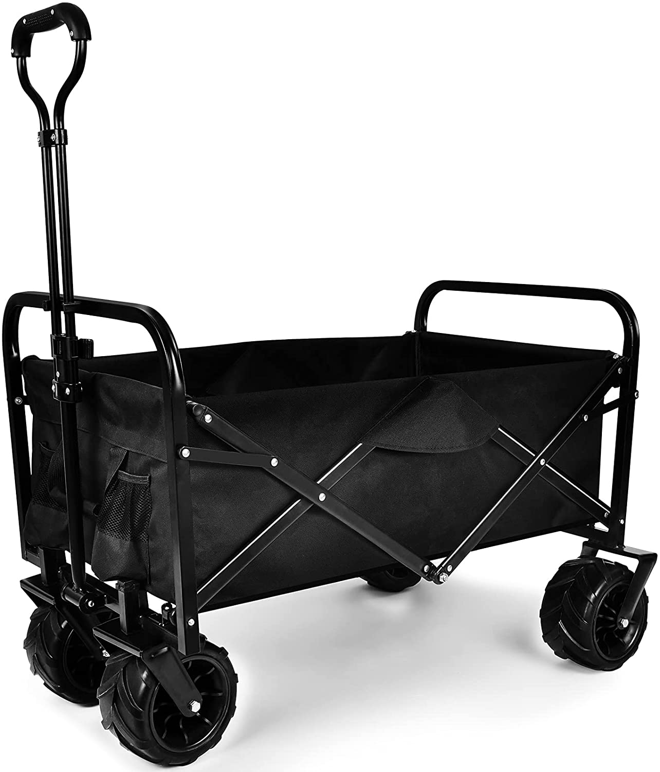 YSSOA Heavy Duty Folding Portable Cart Wagon with 7\'\' Widened All-Terrain Wheels Prevent to Sinking in The Sand, Adjustable Handles and Double Fabric for Shopping, Park, Beach, Camping, Black-CASAINC
