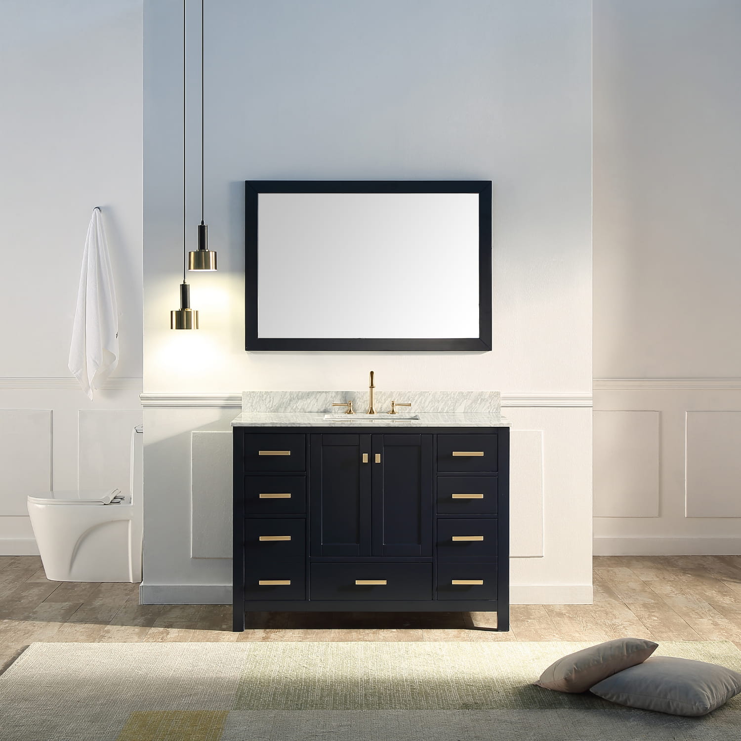 CASAINC 48 x 20 x 35.4 in. Bathroom Vanity with Carrara White Marble Countertop in Navy Blue with Mirror