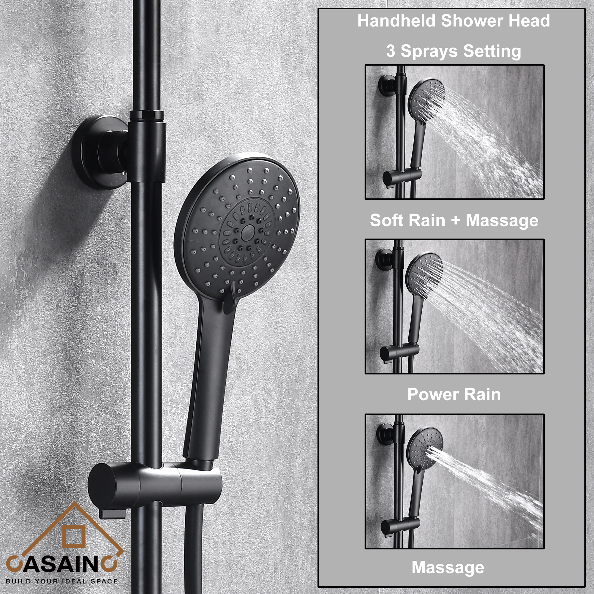 CASAINC 8-in Round spray Shower system with sliding rods in Mattle black