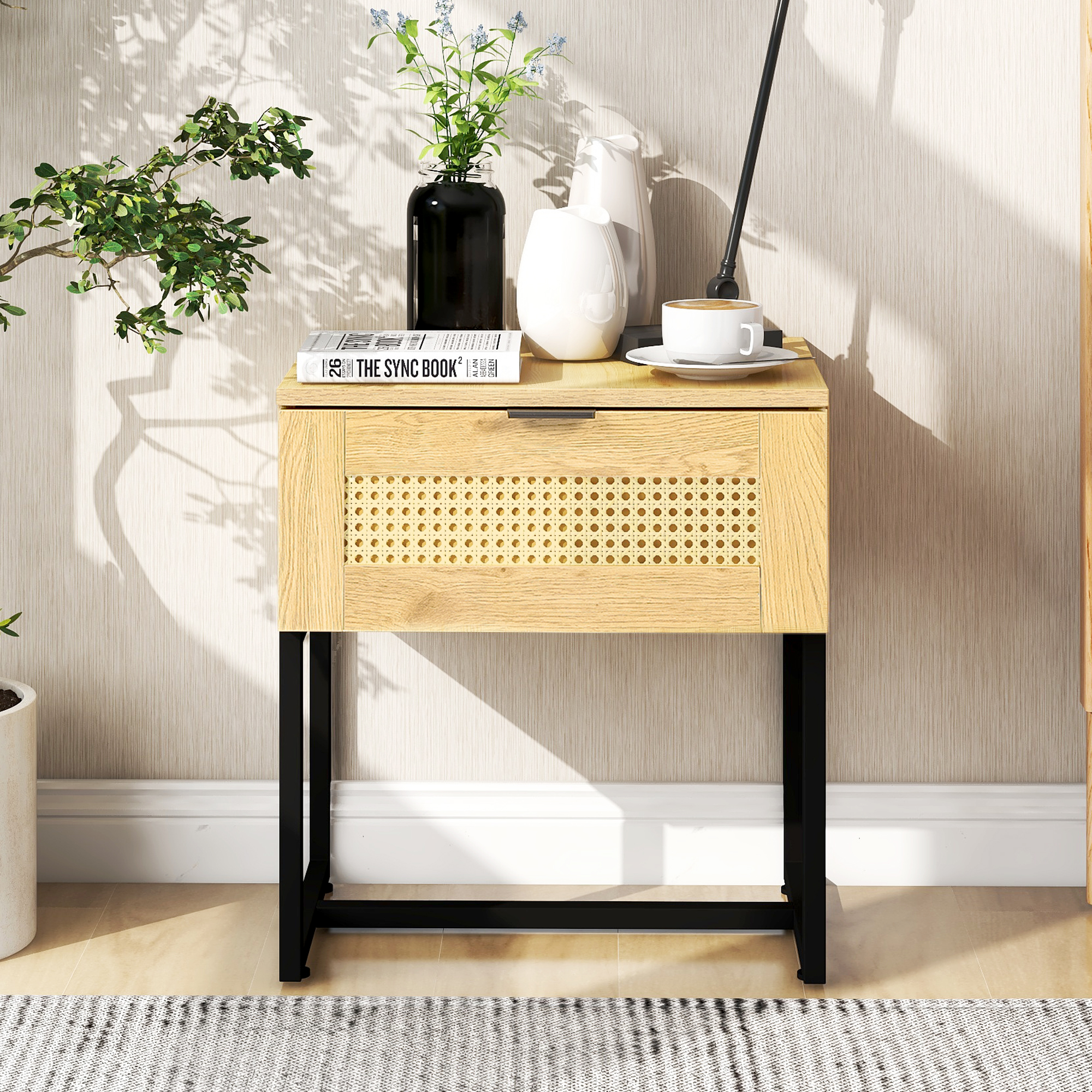 Nightstand Side Table, End Table, Sofa Side Table, with Wicker Rattan, Wood Color MDF and Black Steel Frame-CASAINC
