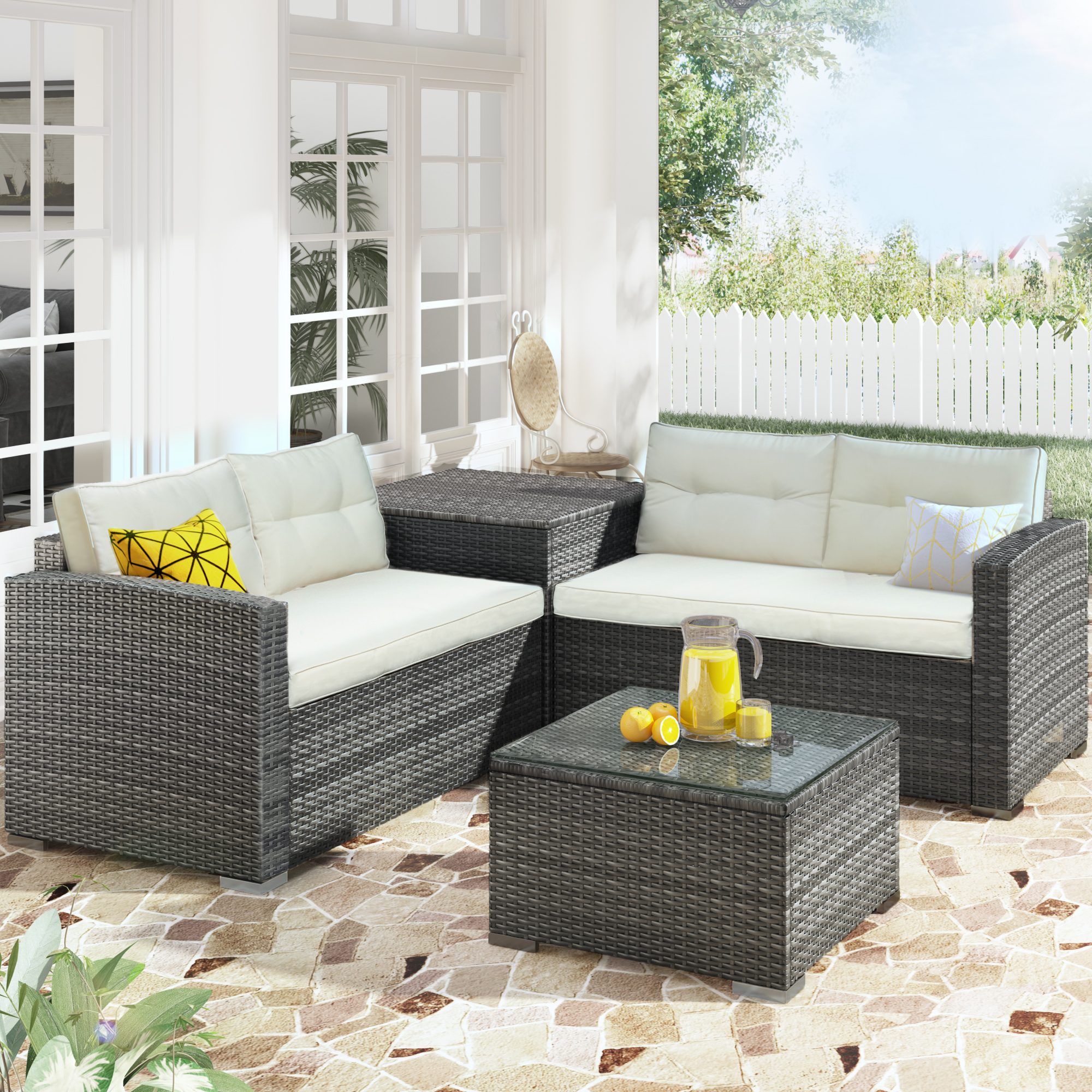 U_STYLE Outdoor Furniture Sofa Set with Large Storage Box-CASAINC