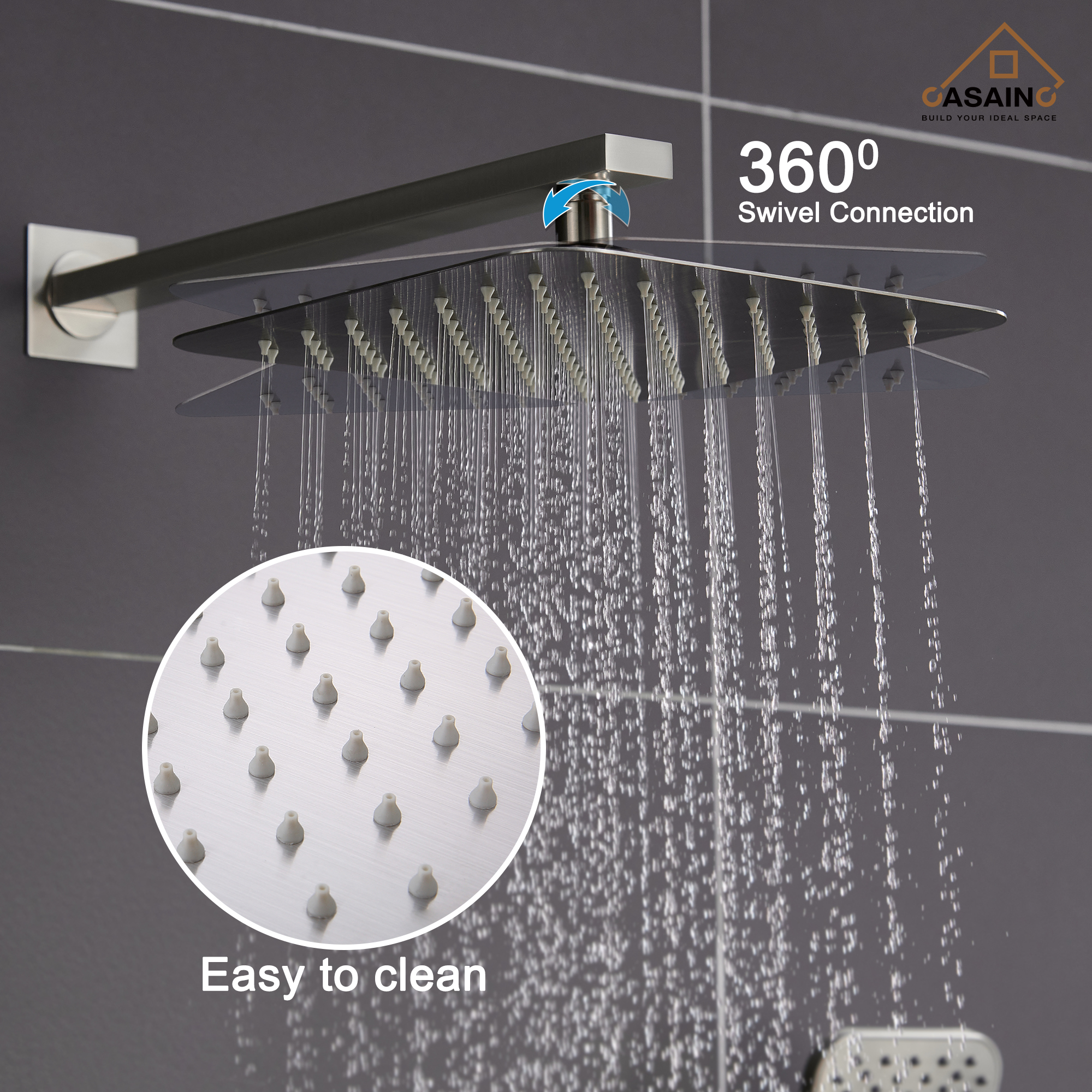 CASAINC 10 inch Square Wall-mounted rain shower faucet with pressure balanced valve
