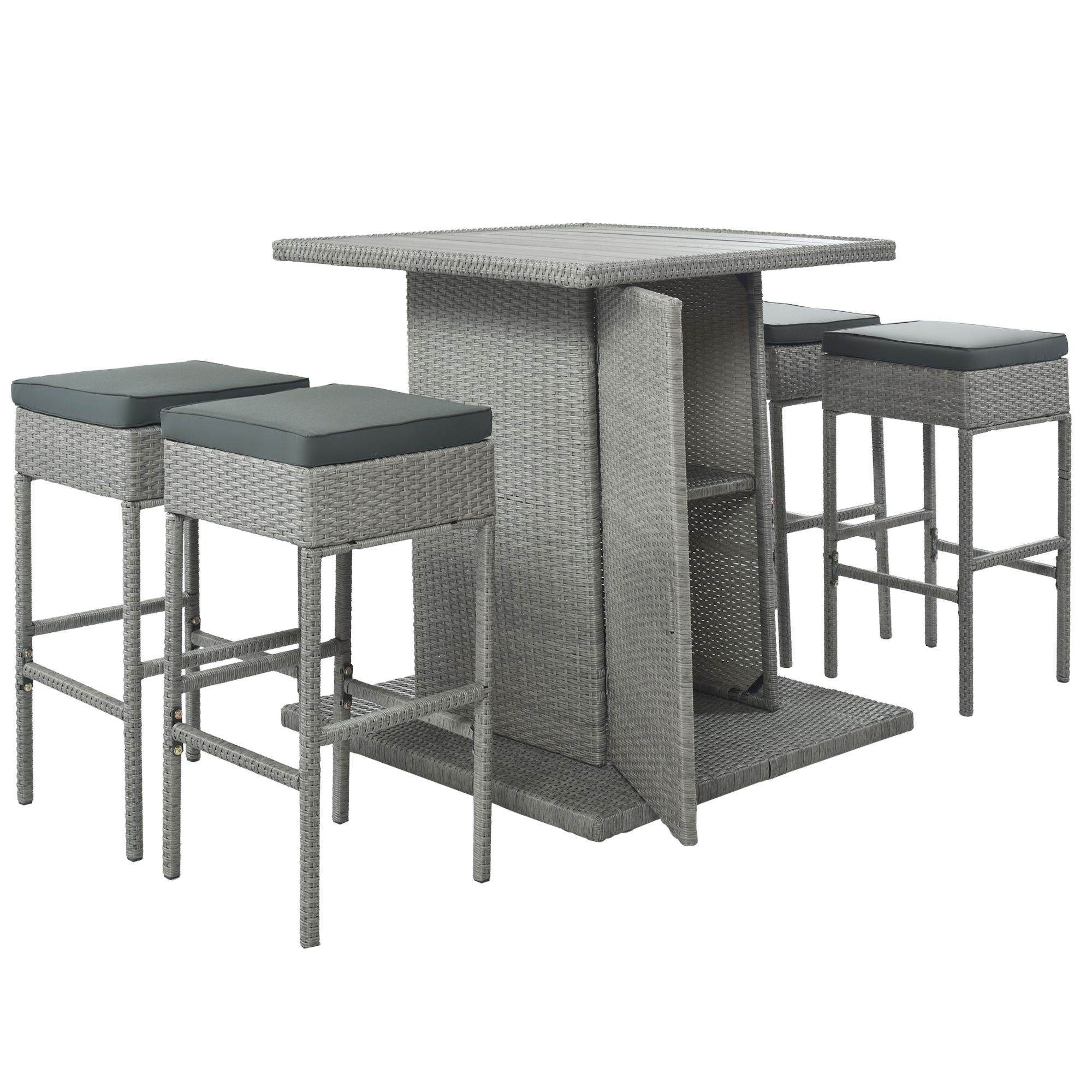  Patio 5-Piece Rattan Dining Table Set, PE Wicker Square Kitchen Table Set with Storage Shelf and 4 Padded Stools for Poolside, Garden, Gray Wicker+Dark Gray Cushion-CASAINC
