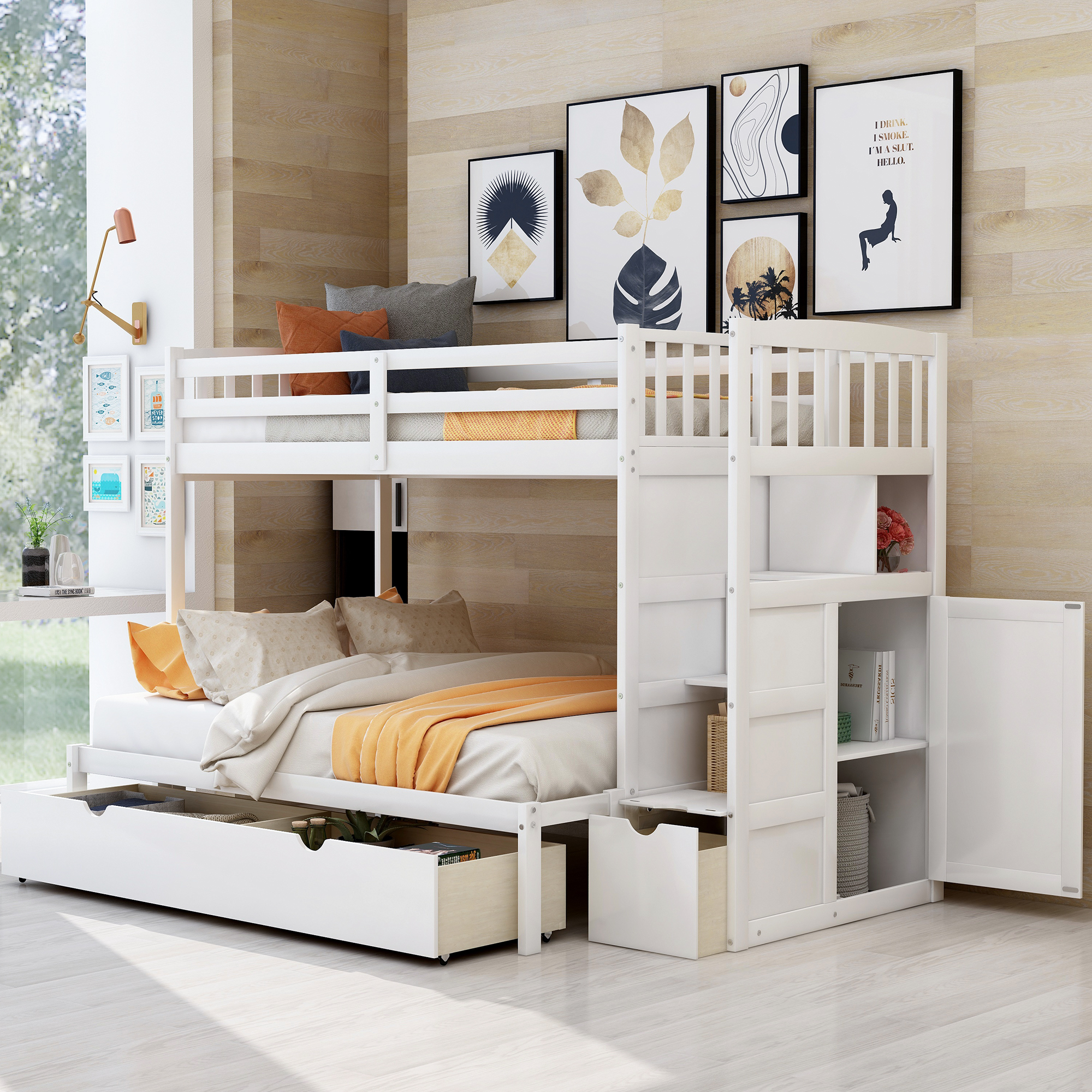 Twin over Full/Twin Bunk Bed, Convertible Bottom Bed, Storage Shelves and Drawers, White-CASAINC