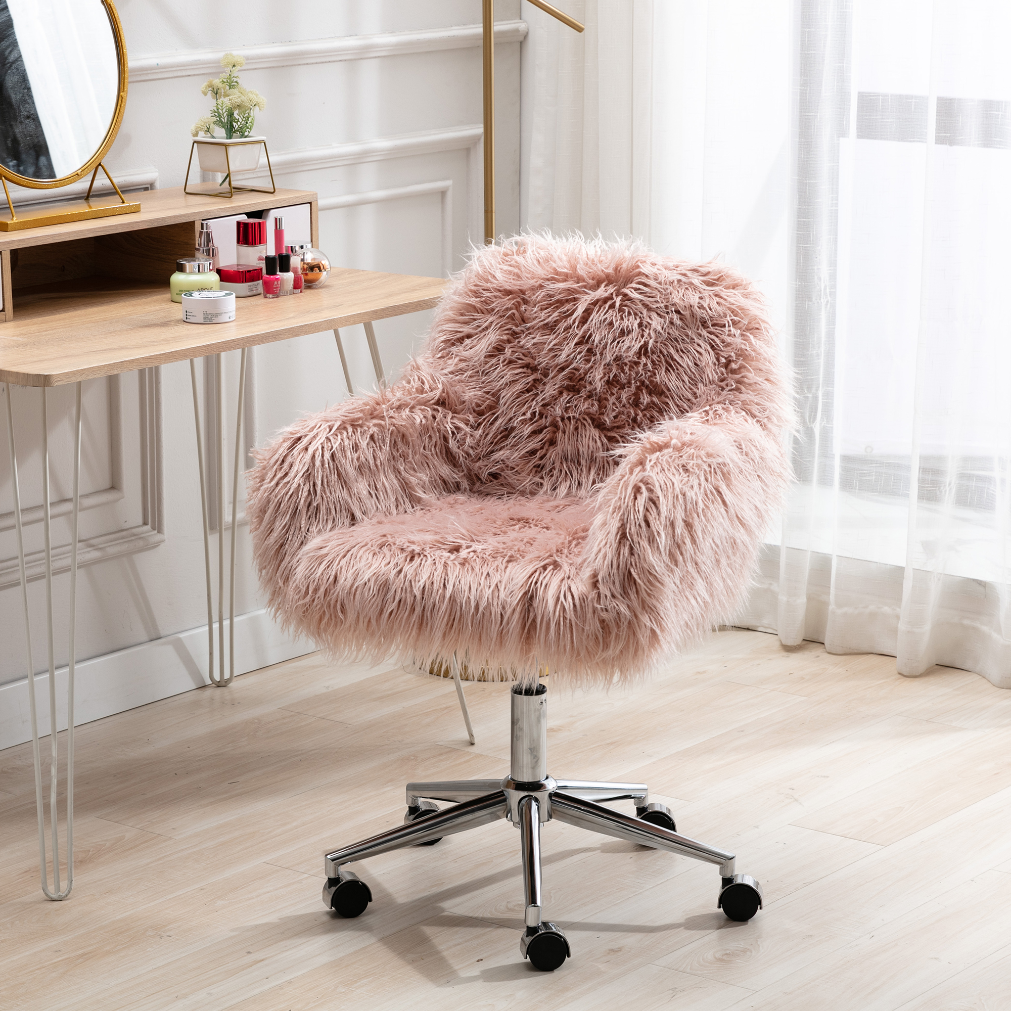 HengMing Modern Faux fur home  office chair, fluffy chair for girls, makeup vanity Chair-CASAINC