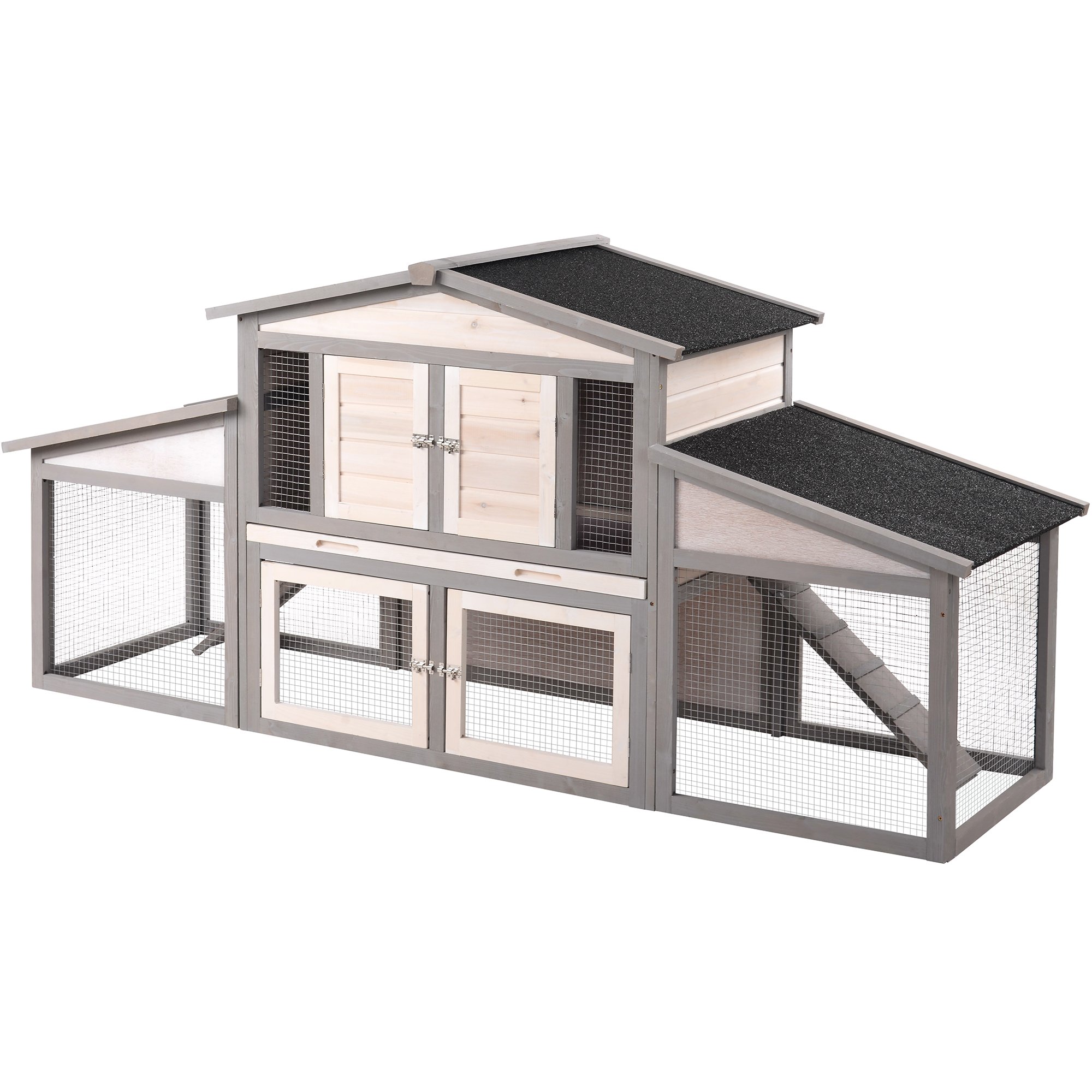 88.2" Upgraded Large Wooden Chicken Coop Rabbit Hutch Small Animal House with Tray and 2 Ramps, Gray+White-CASAINC