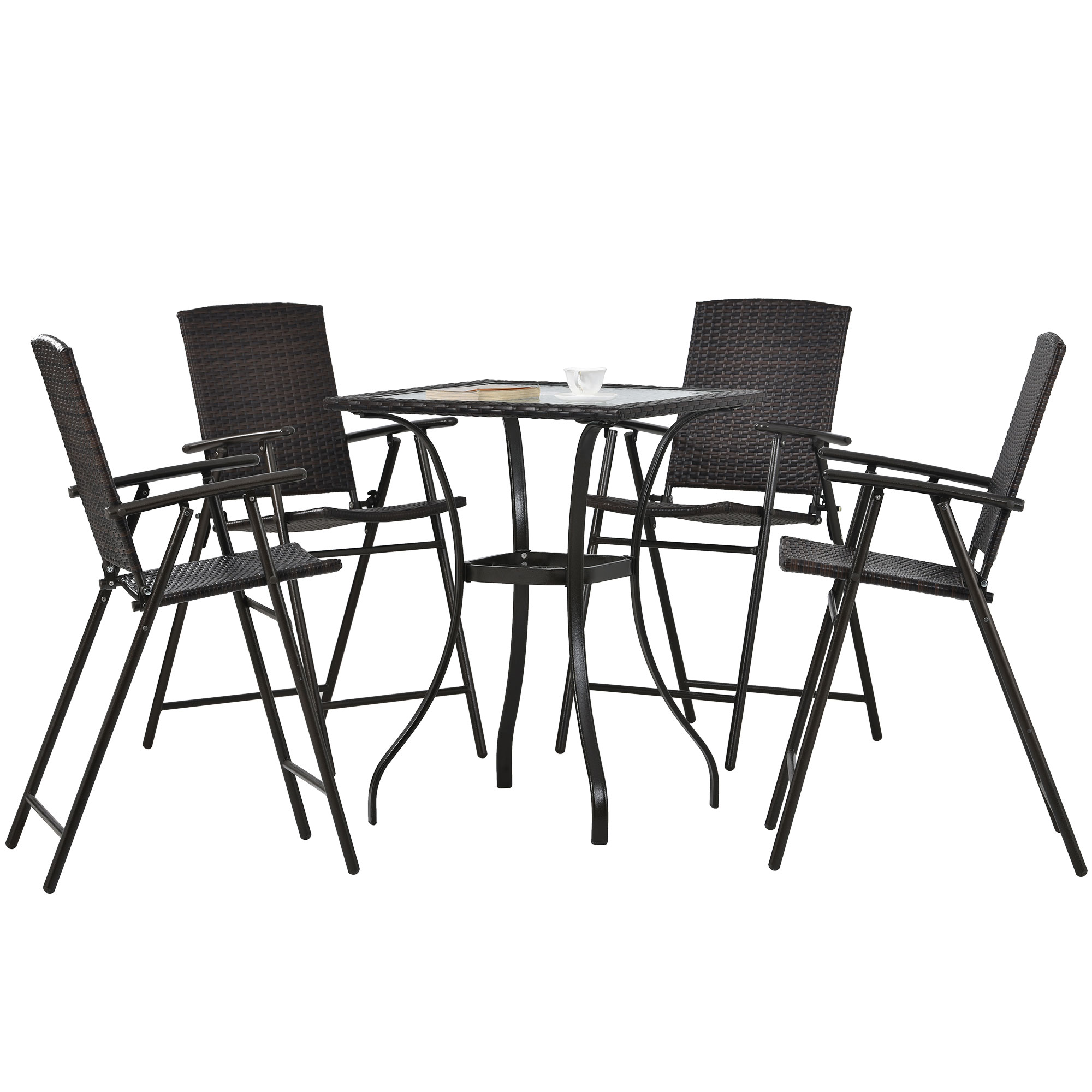 Outdoor Patio PE Wicker 5-Piece Counter Height Dining Table Set with Umbrella Hole and  4 Foldable Chairs, Brown-CASAINC
