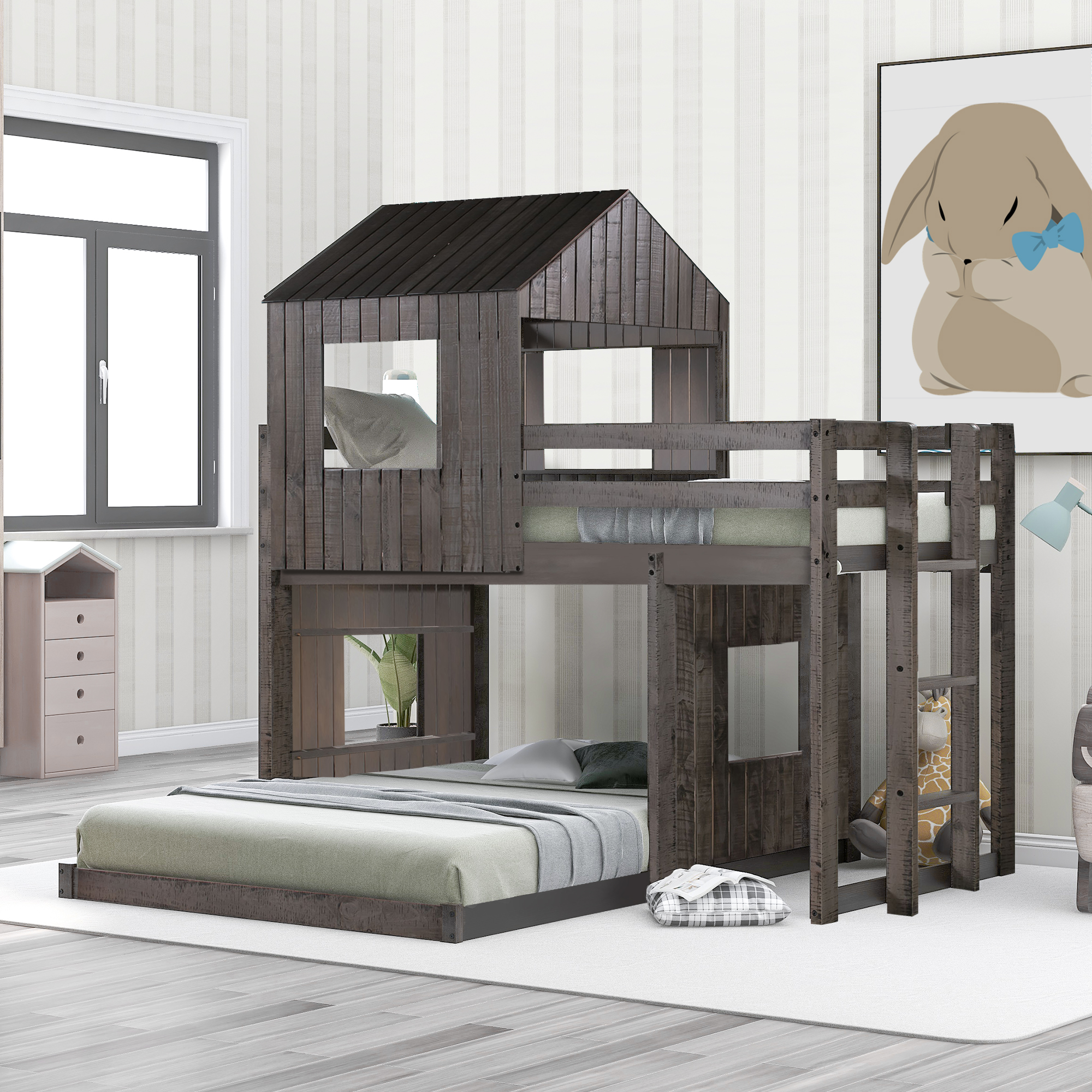 Wooden Twin Over Full Bunk Bed, Loft Bed with Playhouse, Farmhouse, Ladder and Guardrails , Antique Gray( old sku: LP000027AAE )-CASAINC