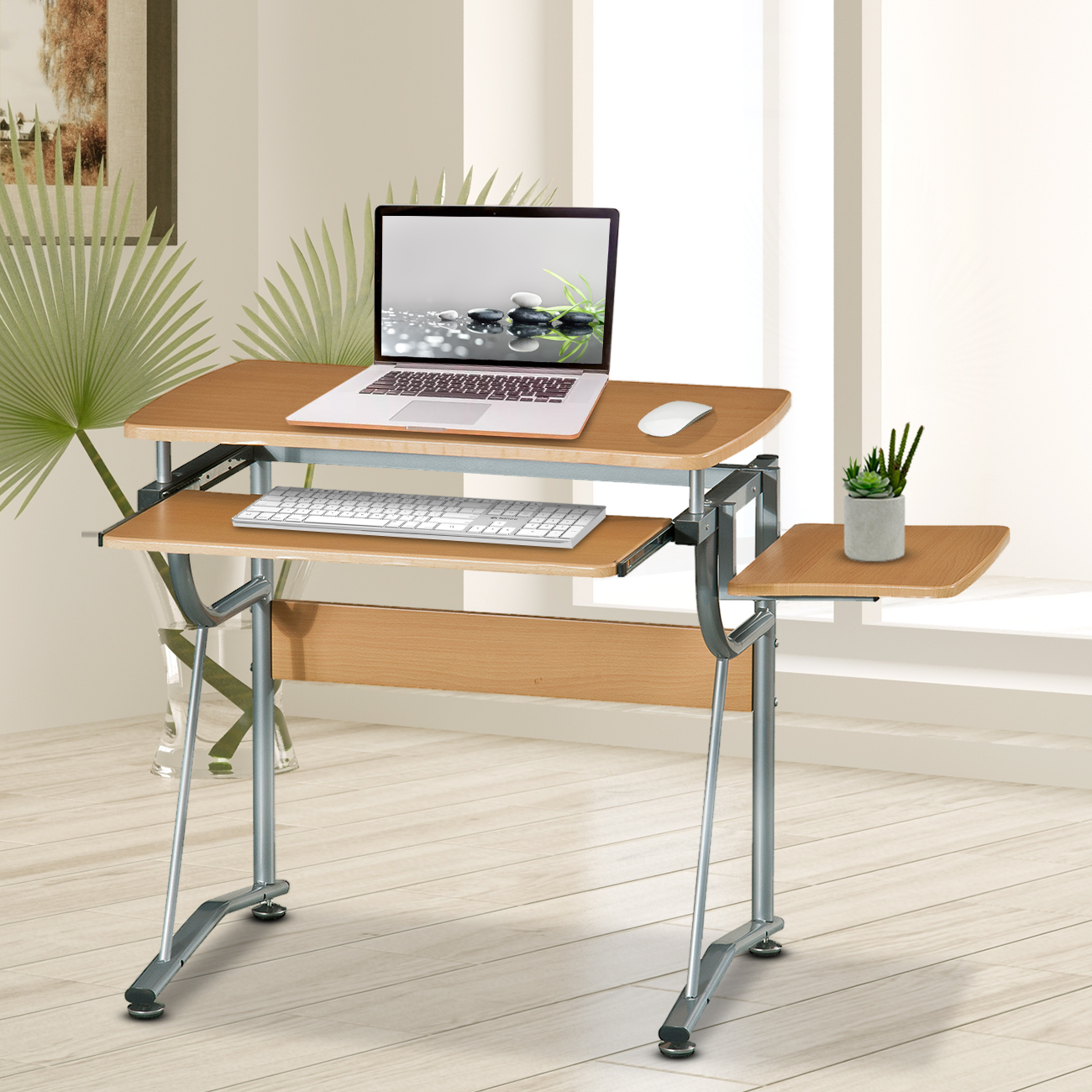 Techni Mobili Compact Computer Desk with Side Shelf and Keyboard Panel, Cherry-CASAINC