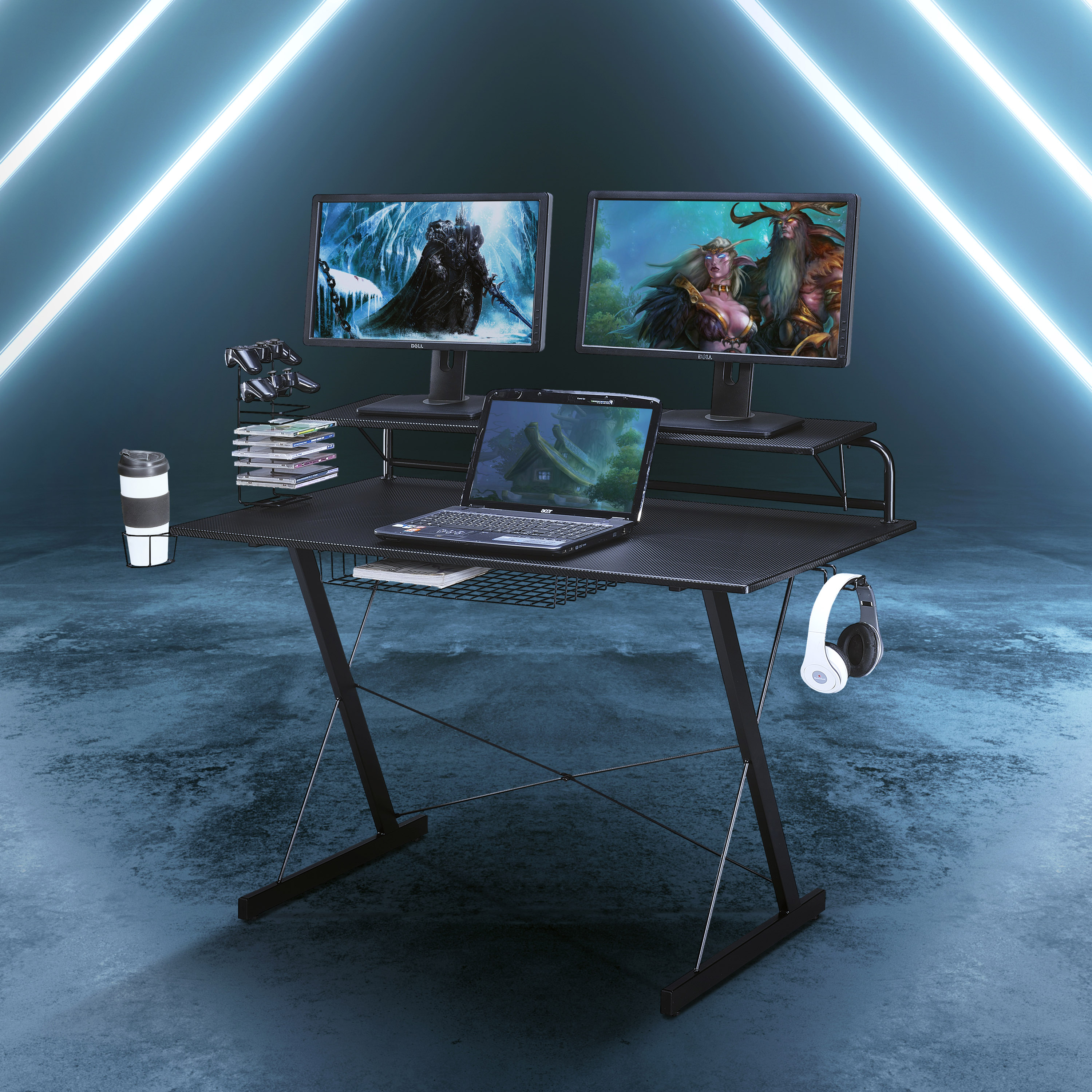 Techni Sport TS-200 Carbon Computer Gaming Desk with Shelving, Black-CASAINC