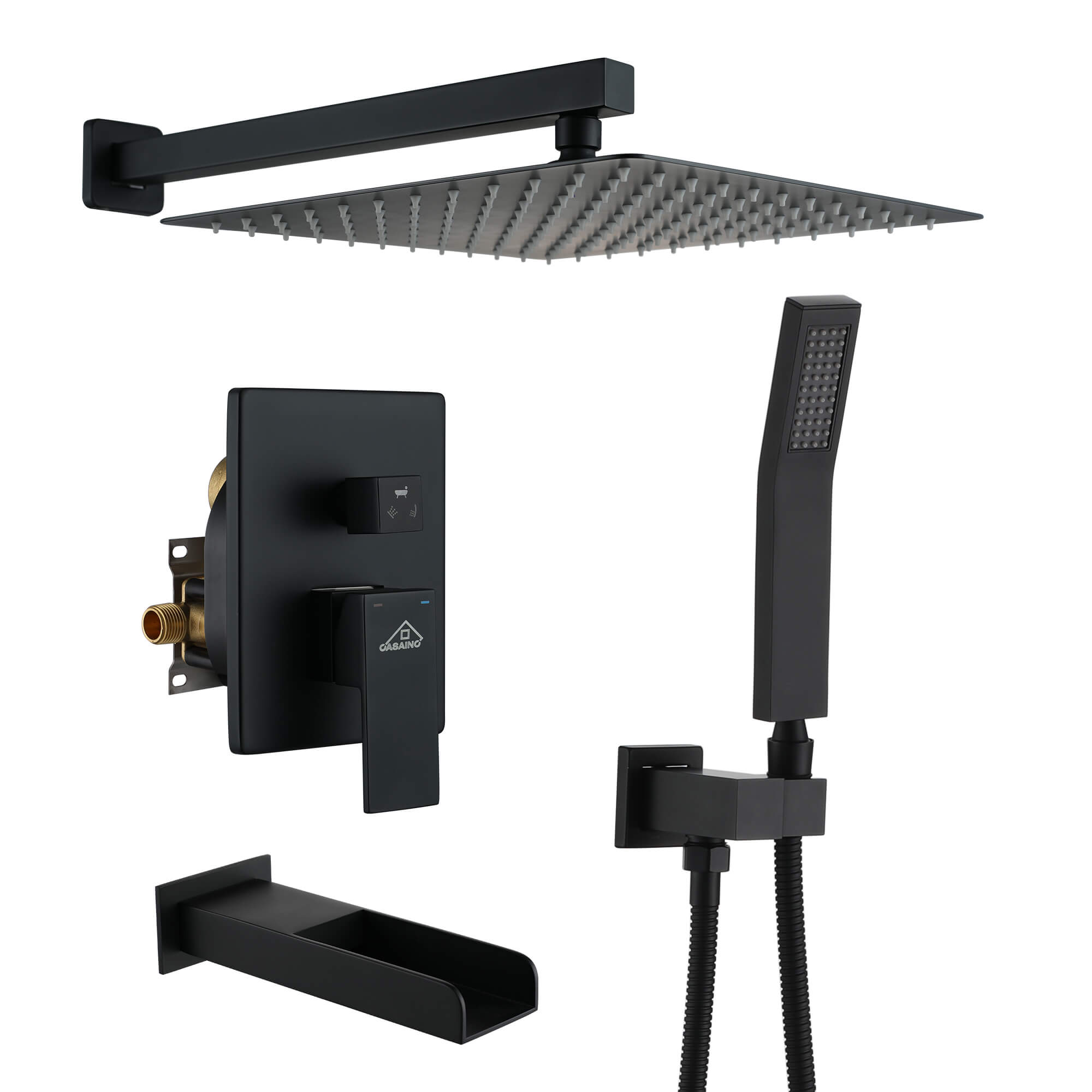 CASAINC Matte Black Wall Mounted Shower System with Hand-Held Shower and Waterfall Tub Filler