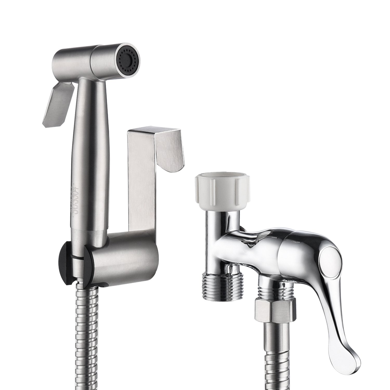 Single-Handle Bidet Faucet with Sprayer Holder, Solid Brass T-Valve and Flexible Hose in Brushed Nickel-CASAINC