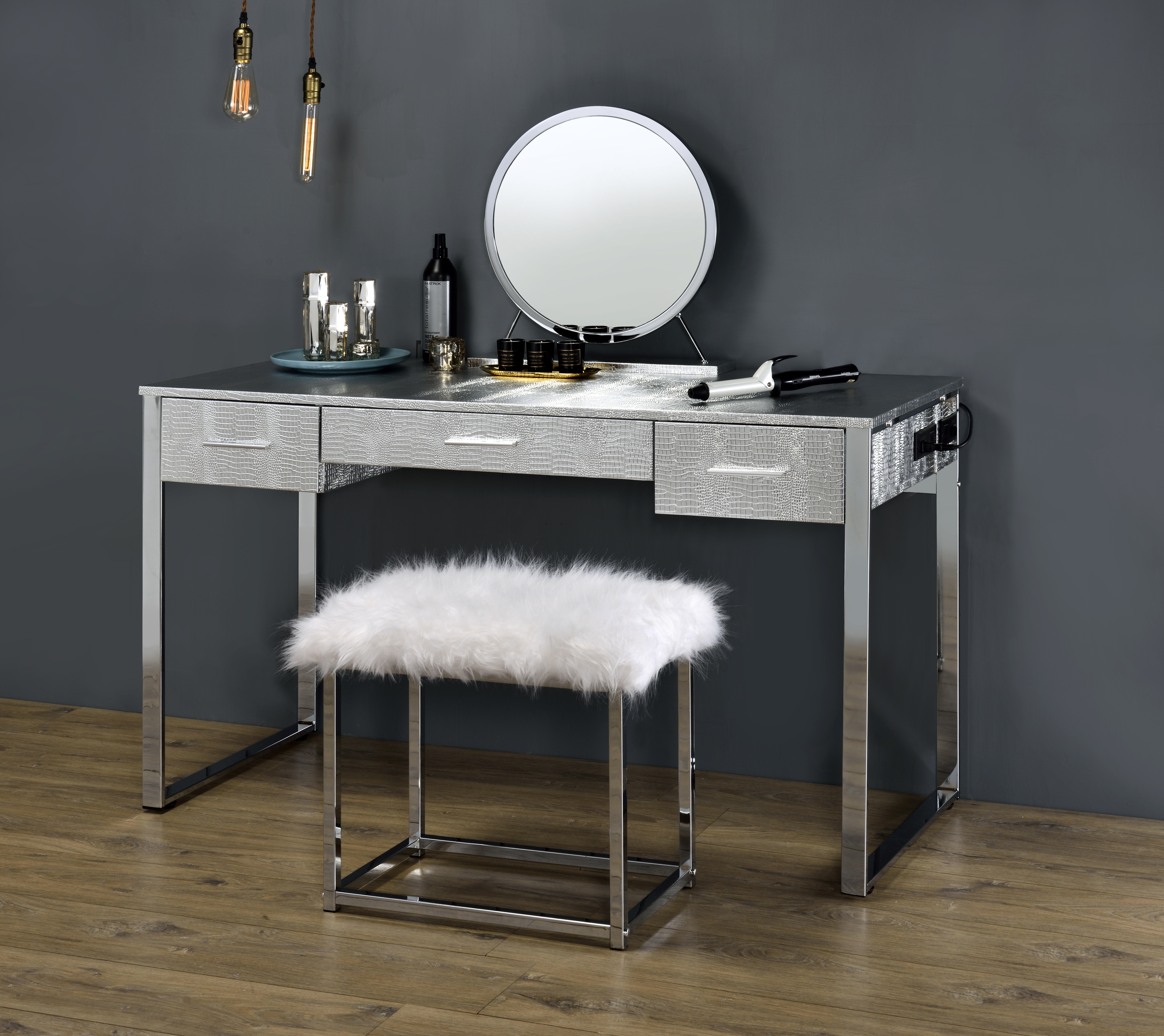ACME Myles Vanity Set w/USB Port, Antique White Chrome Finish