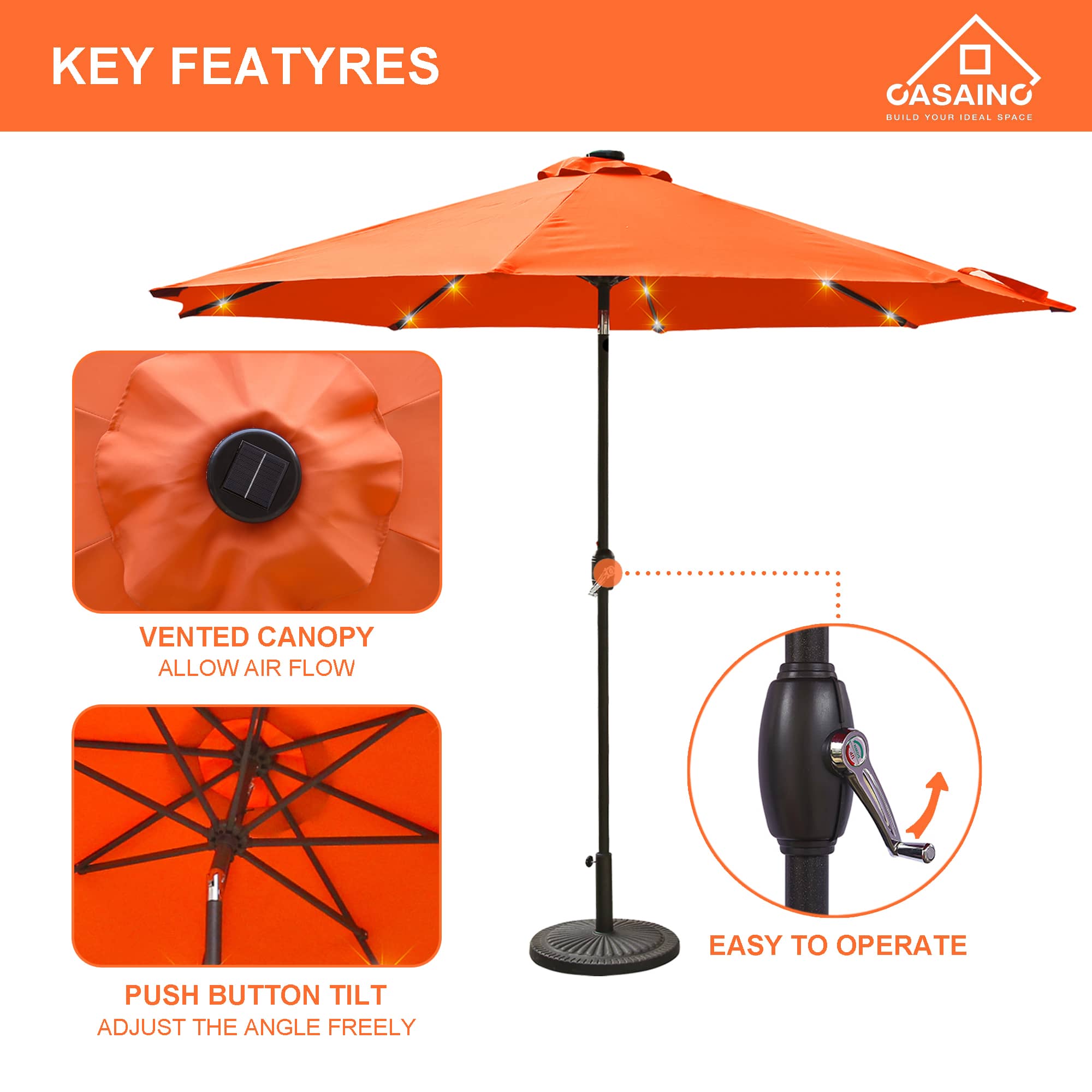 CASAINC 9Ft Patio Umbrella with 32 LED Solar Lights