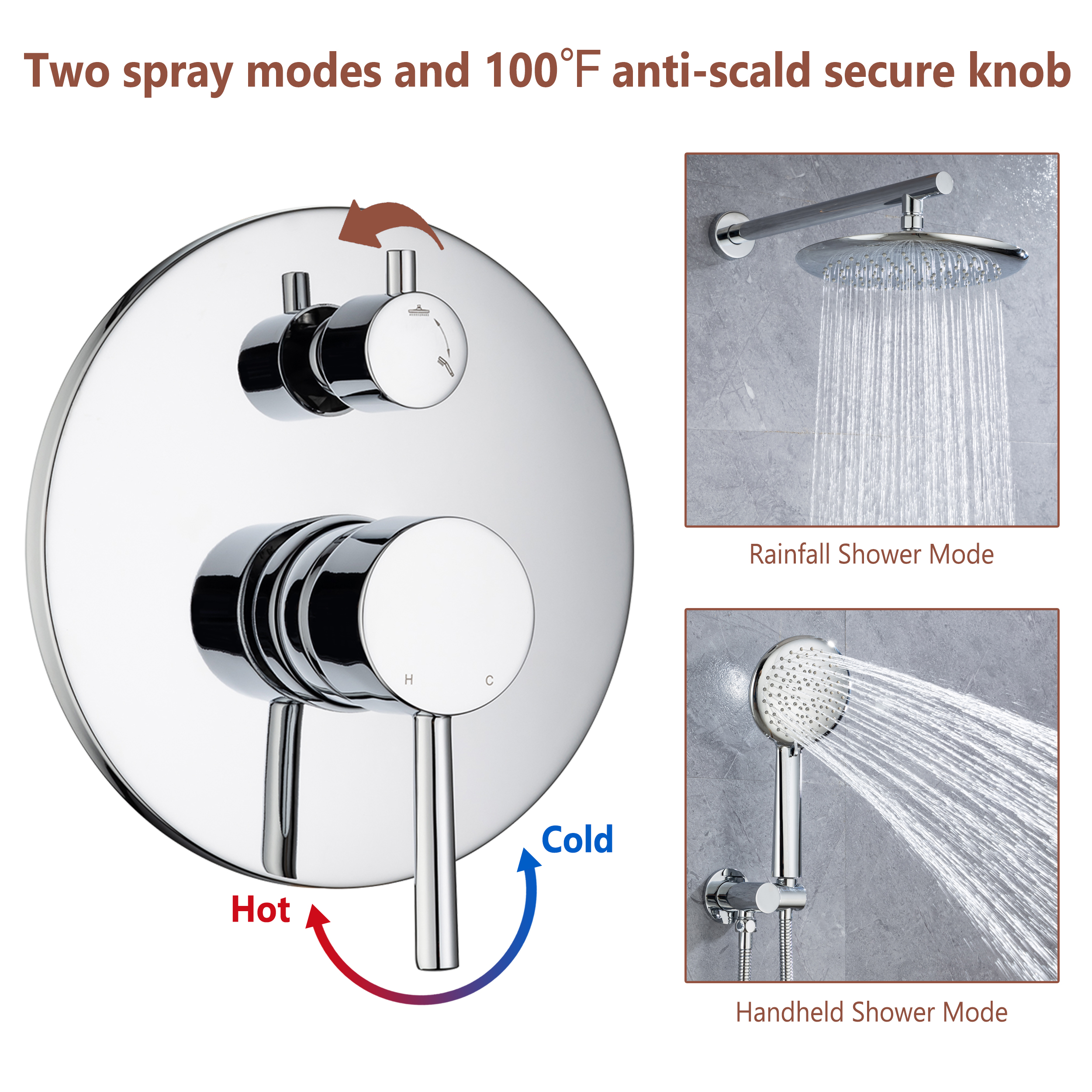 CASAINC 9.5'' Wall-mounted rain shower faucet with pressure balanced valve